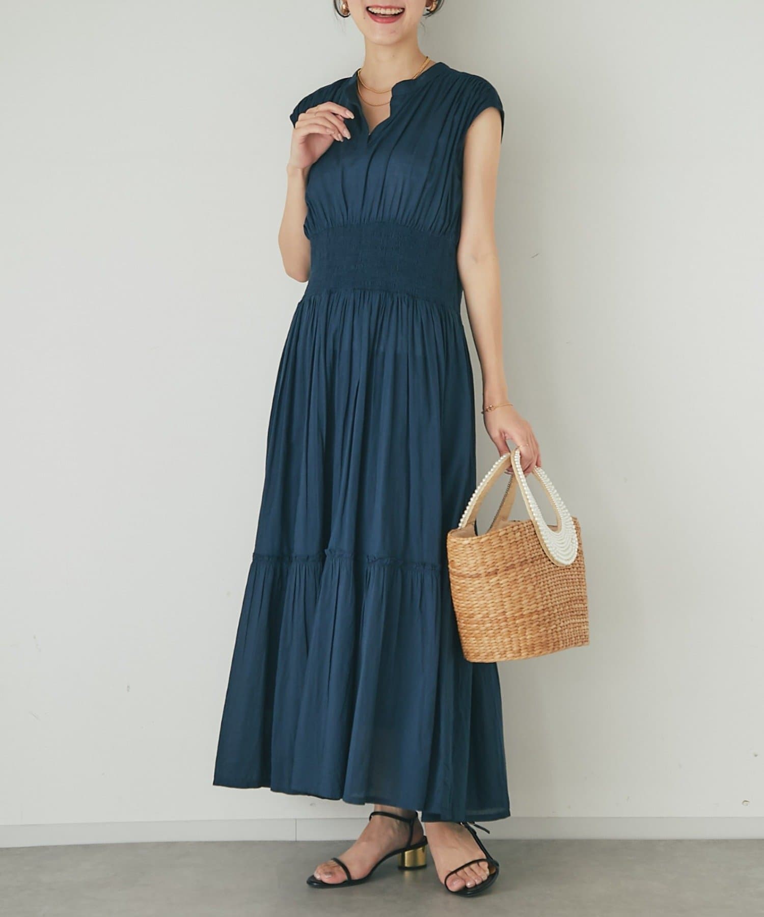 La boutique BonBon(ラブティックボンボン) 【夏のお上品ワンピース】コットンボイルウエストシャーリングワンピース
