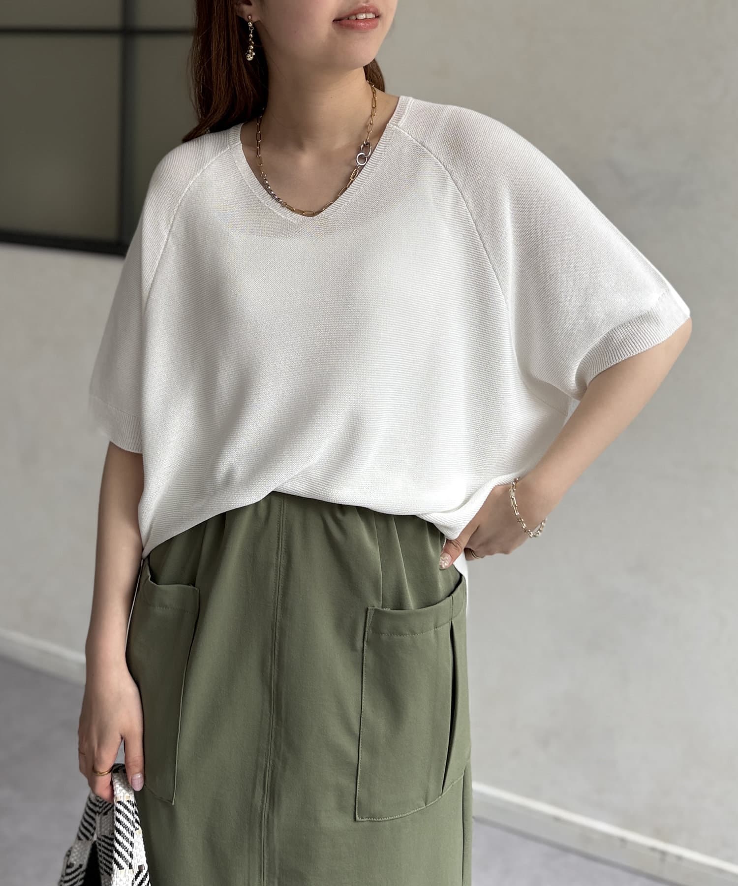 NEW Vネック5分袖シャリニットプルオーバー | Chez toi(シェトワ