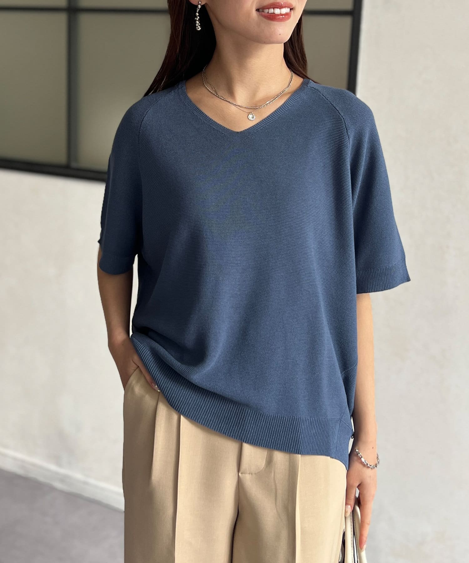 Chez toi(シェトワ) NEW Vネック5分袖シャリニットプルオーバー