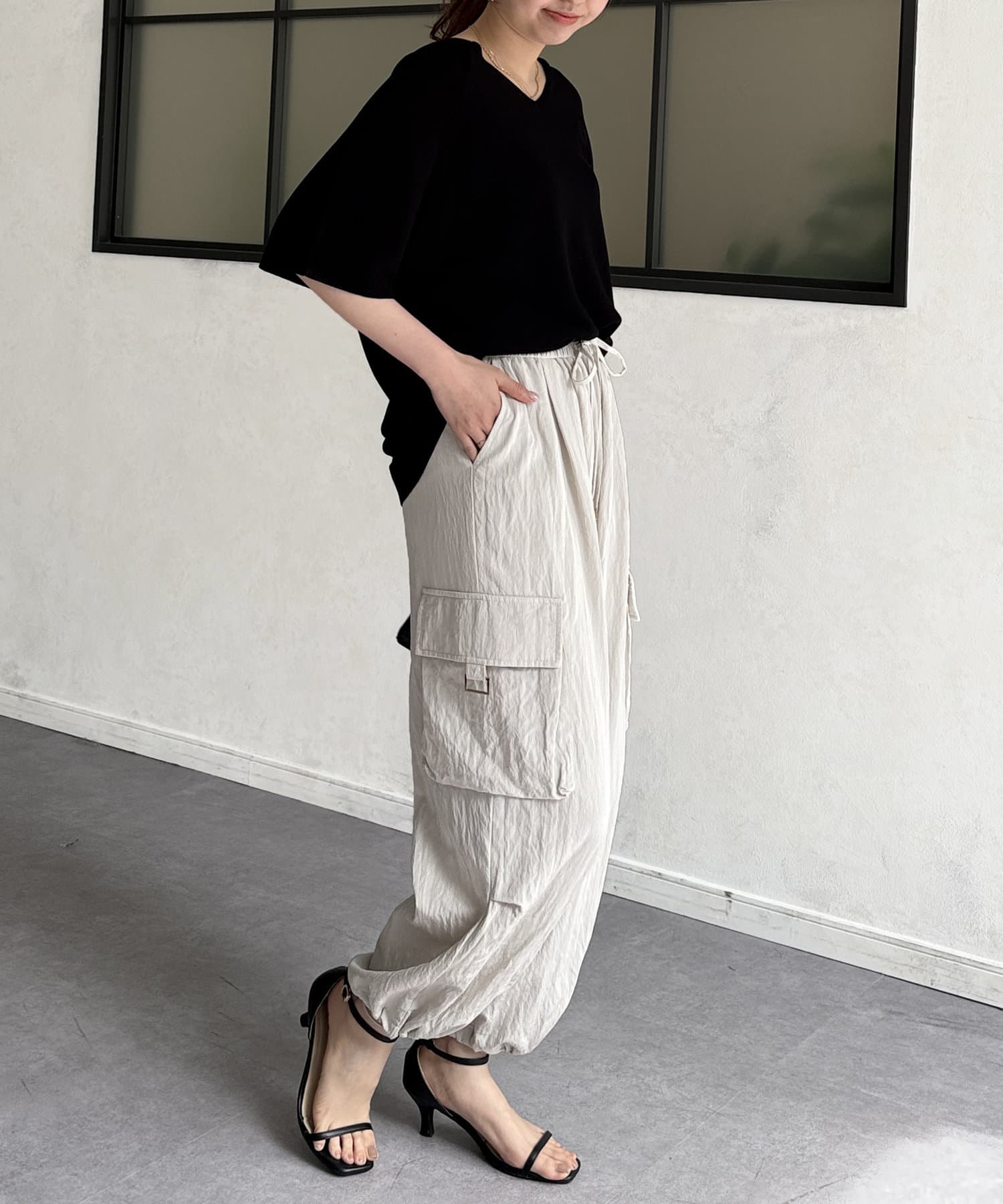 Chez toi(シェトワ) NEW Vネック5分袖シャリニットプルオーバー
