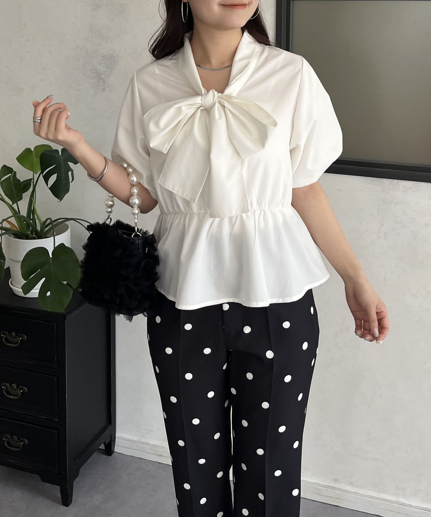 【美品】ローブブラン　ダブルタイ ブラウス　ボウタイ　リボン　バルーンスリーブ Double tie Blouse – L'AUBE BLANC