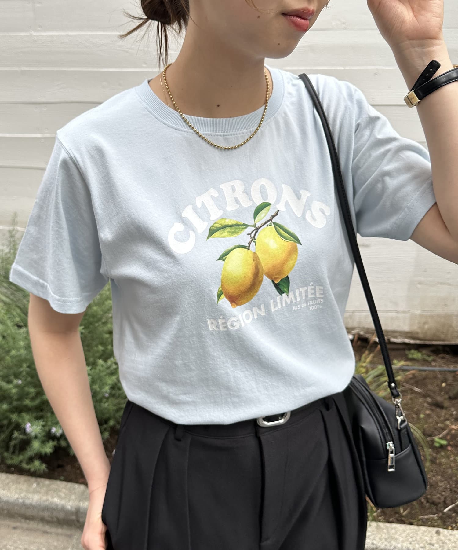 ※サックスブルー・ピンクはWEB限定カラーです。シンプルながらも目を惹く、レモングラフィックT●デザインフロントに大きくプリントされたレモンのグラフィックが目を惹くTシャツ。シンプルながらも存在感抜群