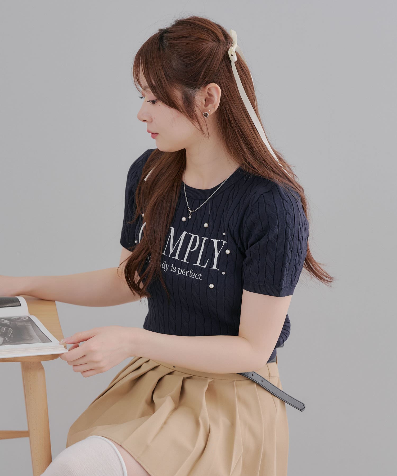 NICE CLAUP / OLIVE des OLIVE OUTLET(ナイスクラップ  / オリーブ デ オリーブ アウトレット) 【RMAF】【パール付き】刺しゅうパールニットプルオーバー