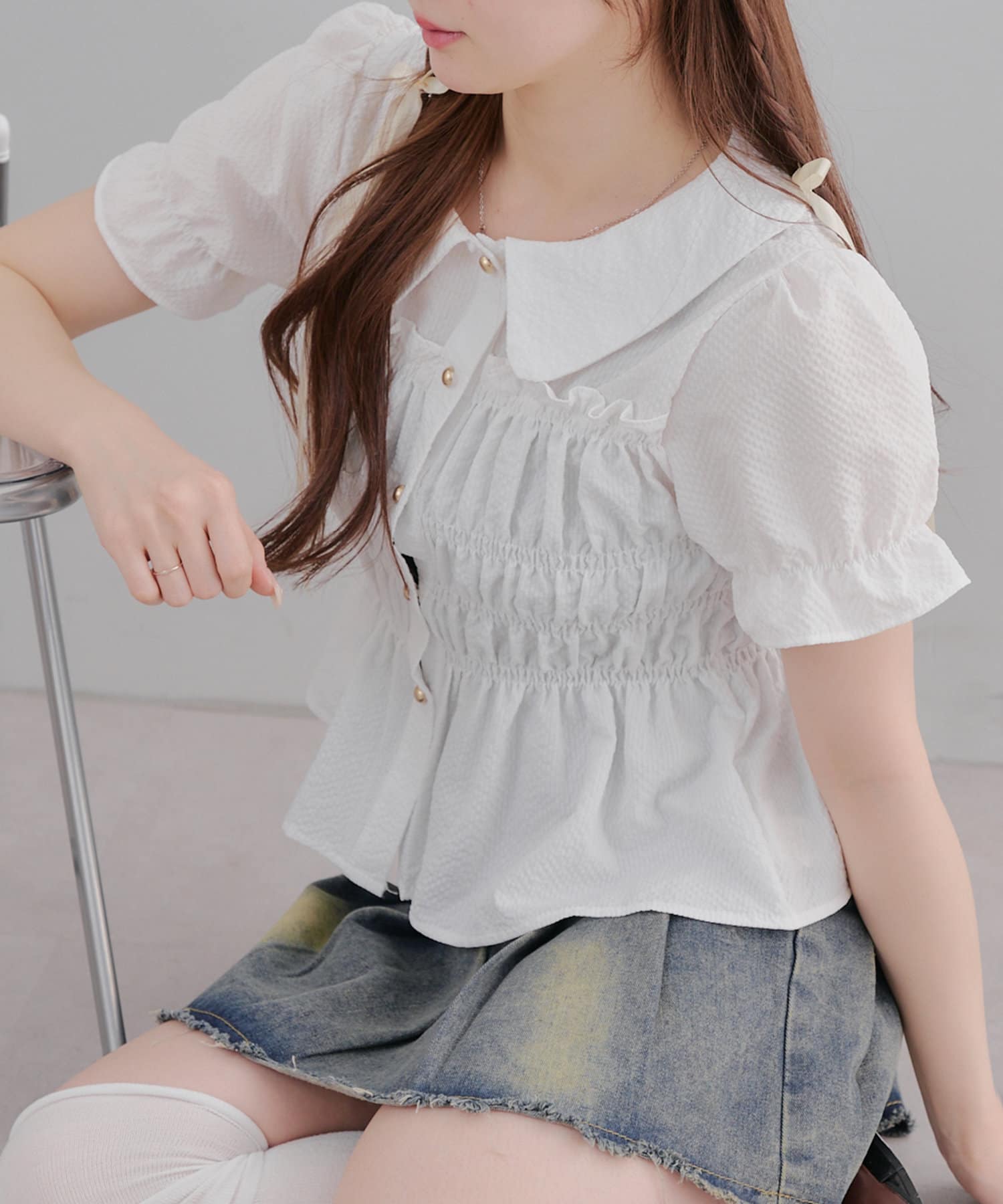 2025【ANOTHER BRANCH OLIVE des OLIVE(アナザーブランチオリーブデオリーブ)】トレンド韓国ガーリーコーデに♪シャーリング衿付ブラウス■ デザイン・韓国ガーリーになれるシ