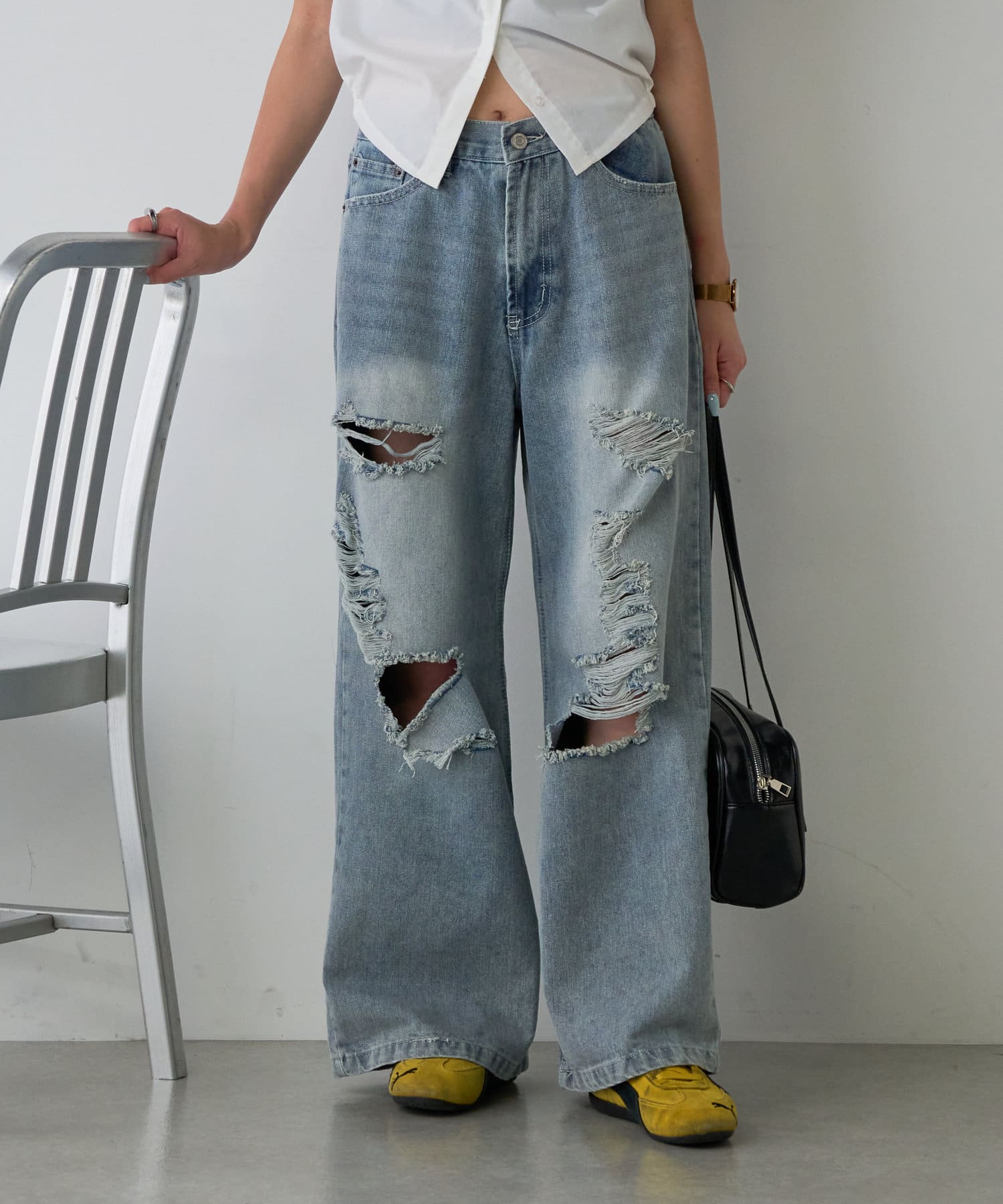 日本未入荷 CHUU★ダメージ加工ワイドデニムパンツ ダメージ加工ワイドデニム | -goocy-(グーシー)レディース | PAL