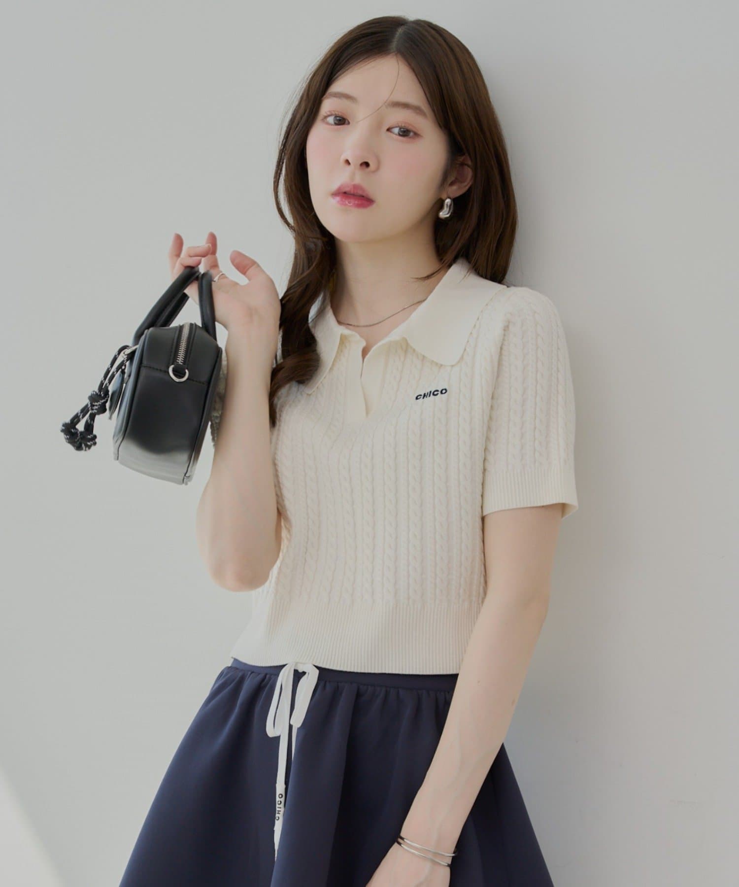 Chico 半袖ポロニット ネイビー Chico ニット セーター ケーブルポロ半袖ニット レディース