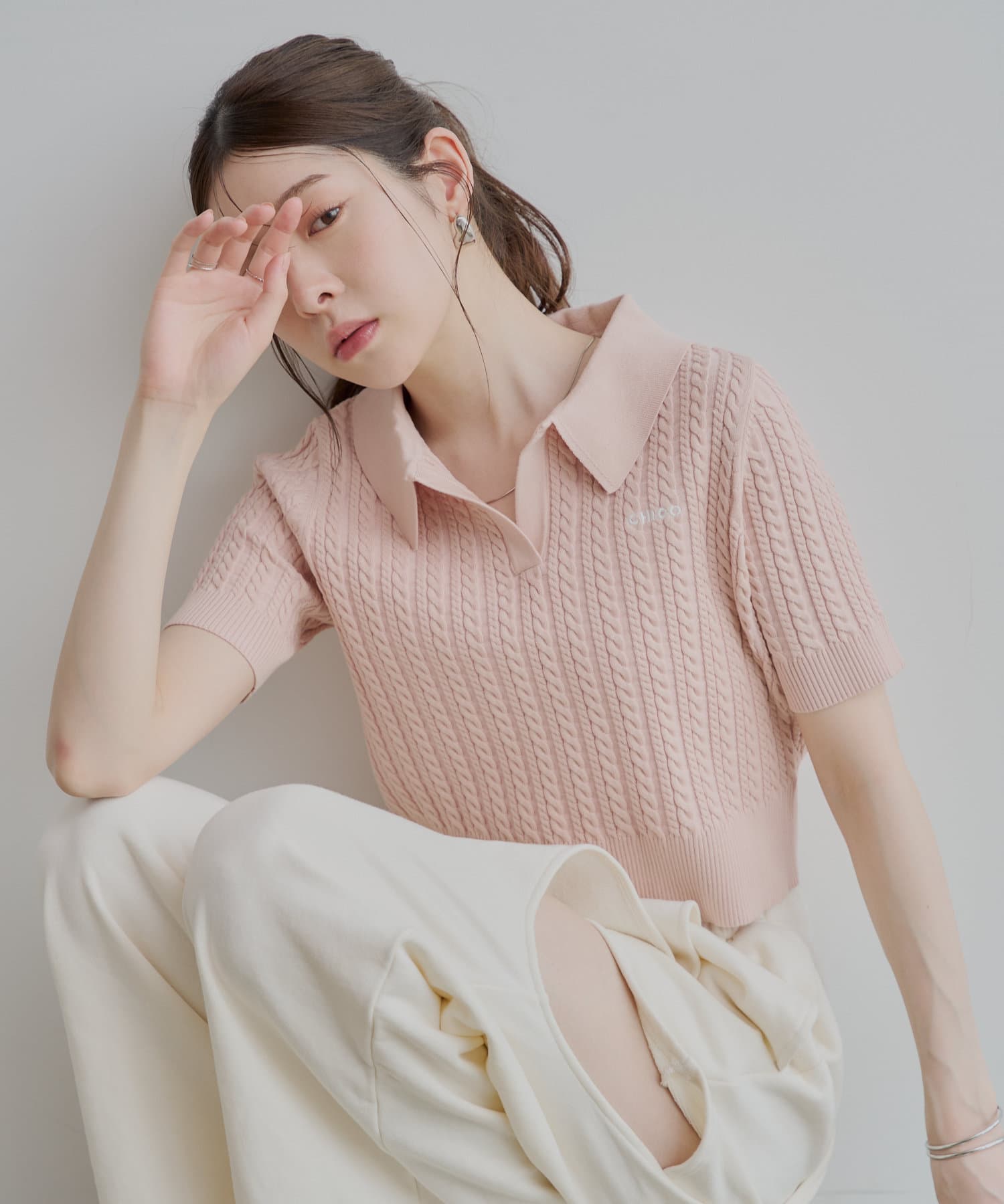 Chico 半袖ポロニット ネイビー Chico ニット セーター ケーブルポロ半袖ニット レディース