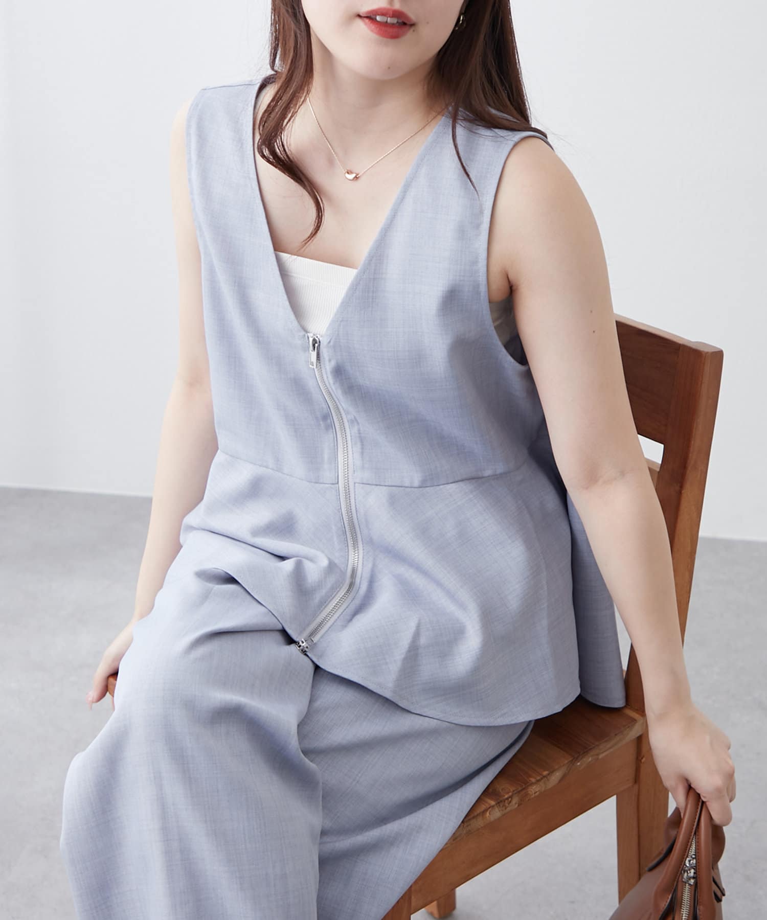 NICE CLAUP / OLIVE des OLIVE OUTLET(ナイスクラップ  / オリーブ デ オリーブ アウトレット) 【RMAF】【セットアップ】前ZIPペプラムベスト＆ワイドパンツ