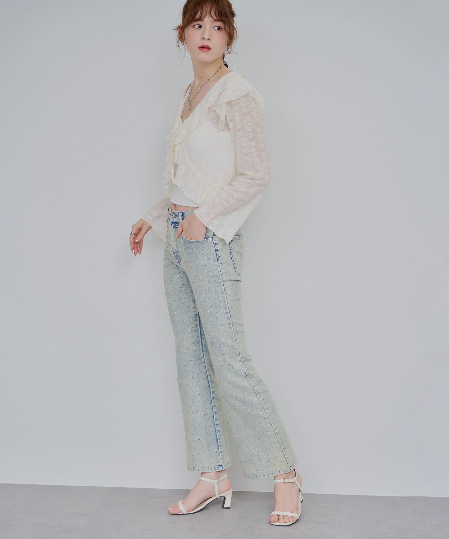RMR デニム フレアパンツ セール】【RM denim】スリットフレアハイウエストデニム（デニム