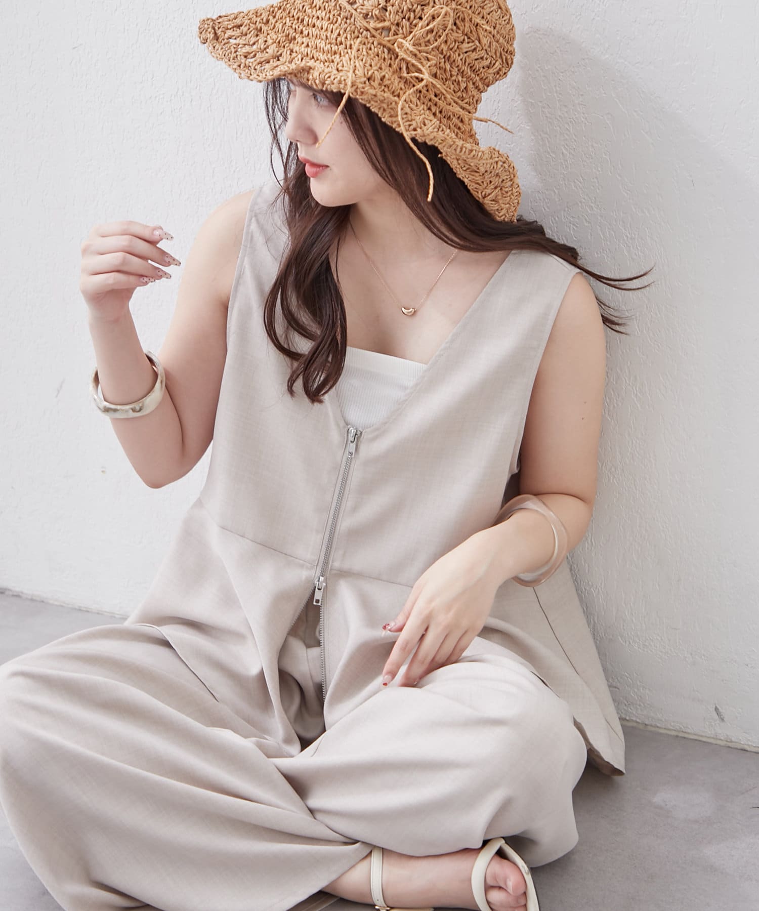 Remind me and forever(リマインドミーアンドフォーエバー) 【新色追加！】【SET UP商品】前ZIPペプラムベスト＆ワイドパンツ