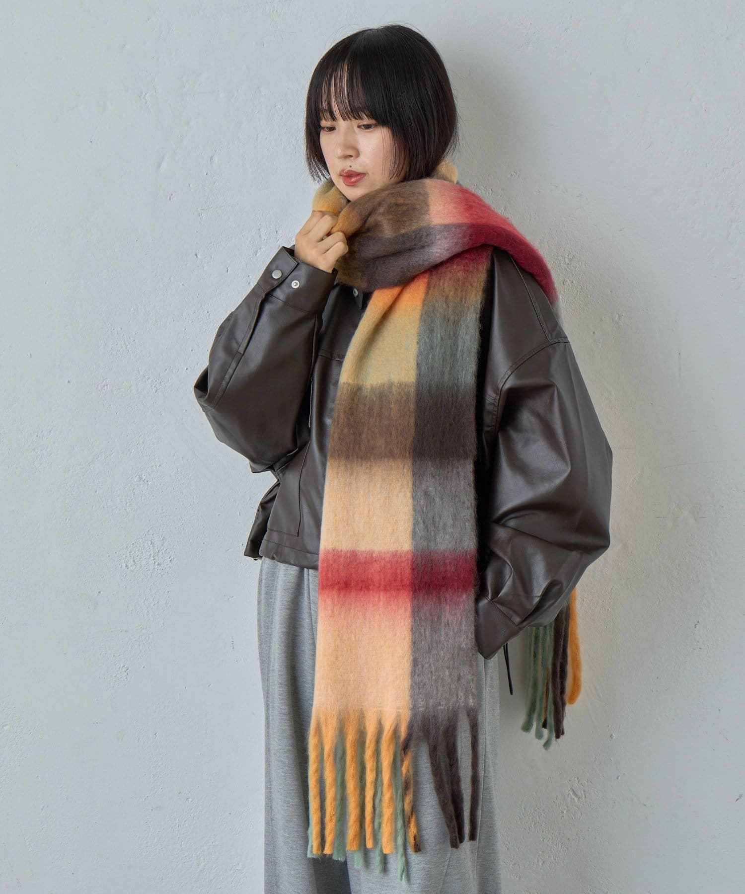 -goocy-(グーシー) フェイクウール起毛チェックマフラー