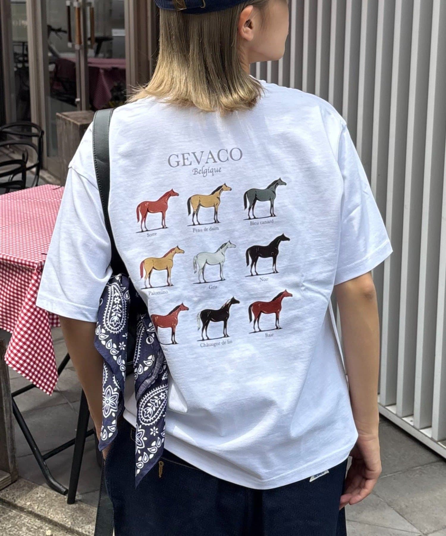 馬のバッグプリントが目を惹く1枚で着映えする"プリントTシャツ"■デザイン後ろ姿まで抜かりないバッグプリントがかわいい1枚。フロントの胸元にある"GEVACO"