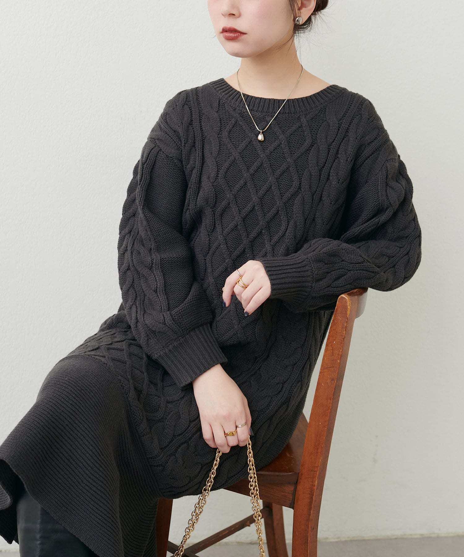 NICE CLAUP / OLIVE des OLIVE OUTLET(ナイスクラップ  / オリーブ デ オリーブ アウトレット) 【natural couture】裾フレアケーブルニットワンピース