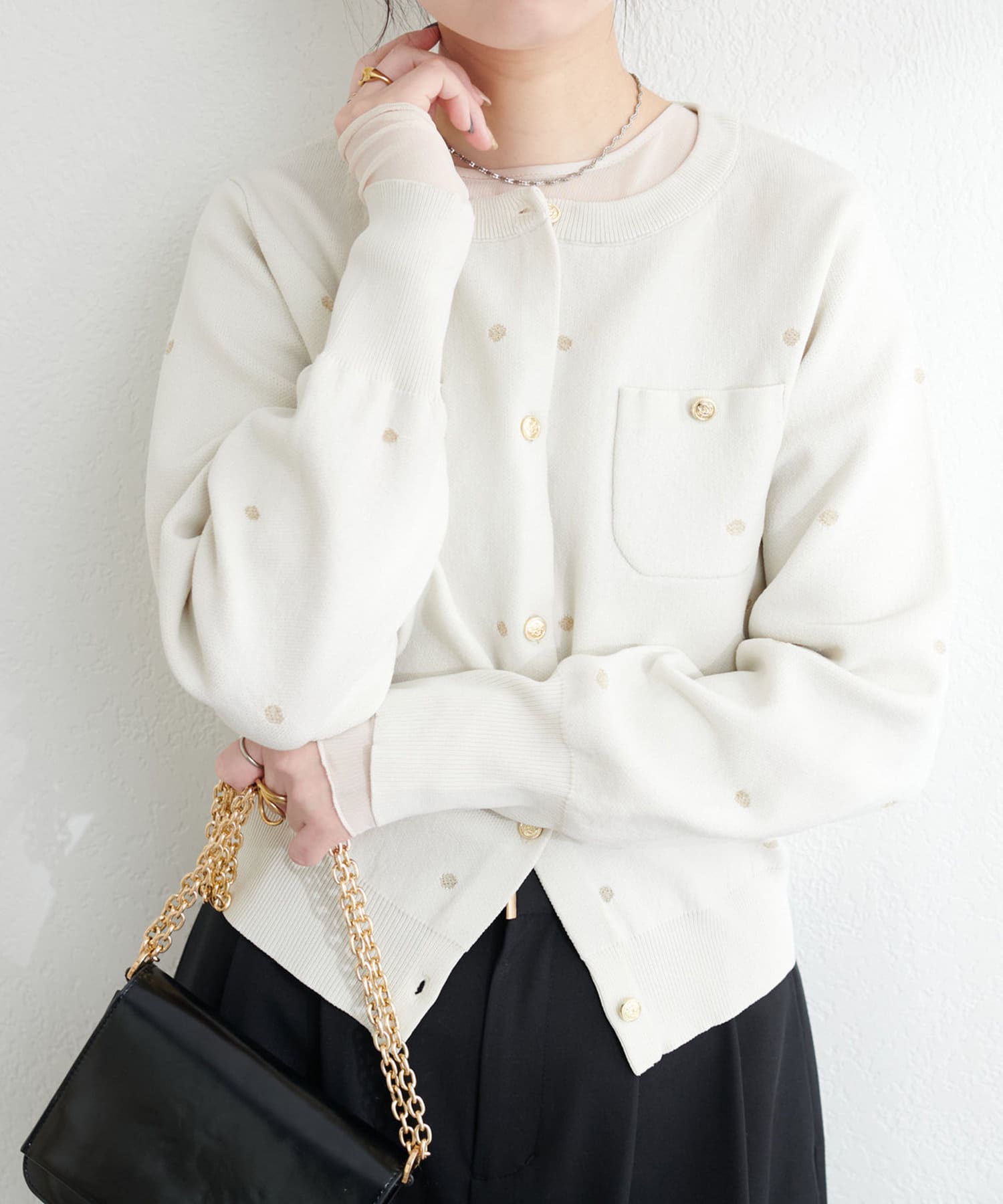 NICE CLAUP / OLIVE des OLIVE OUTLET(ナイスクラップ  / オリーブ デ オリーブ アウトレット) 【natural couture】ポリニットドット金釦ポケ付きカーディガン