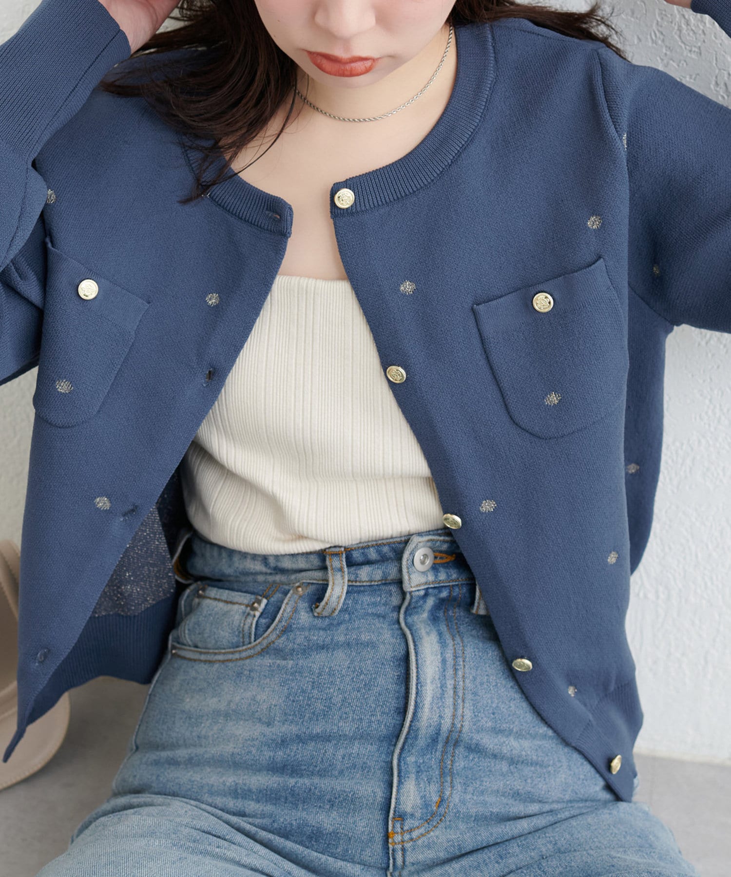 NICE CLAUP / OLIVE des OLIVE OUTLET(ナイスクラップ  / オリーブ デ オリーブ アウトレット) 【natural couture】ポリニットドット金釦ポケ付きカーディガン