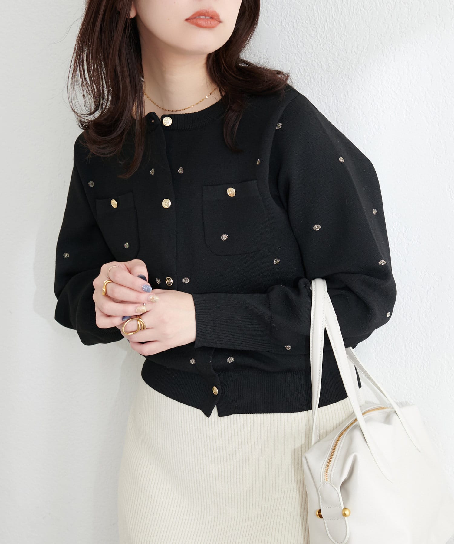 NICE CLAUP / OLIVE des OLIVE OUTLET(ナイスクラップ  / オリーブ デ オリーブ アウトレット) 【natural couture】ポリニットドット金釦ポケ付きカーディガン