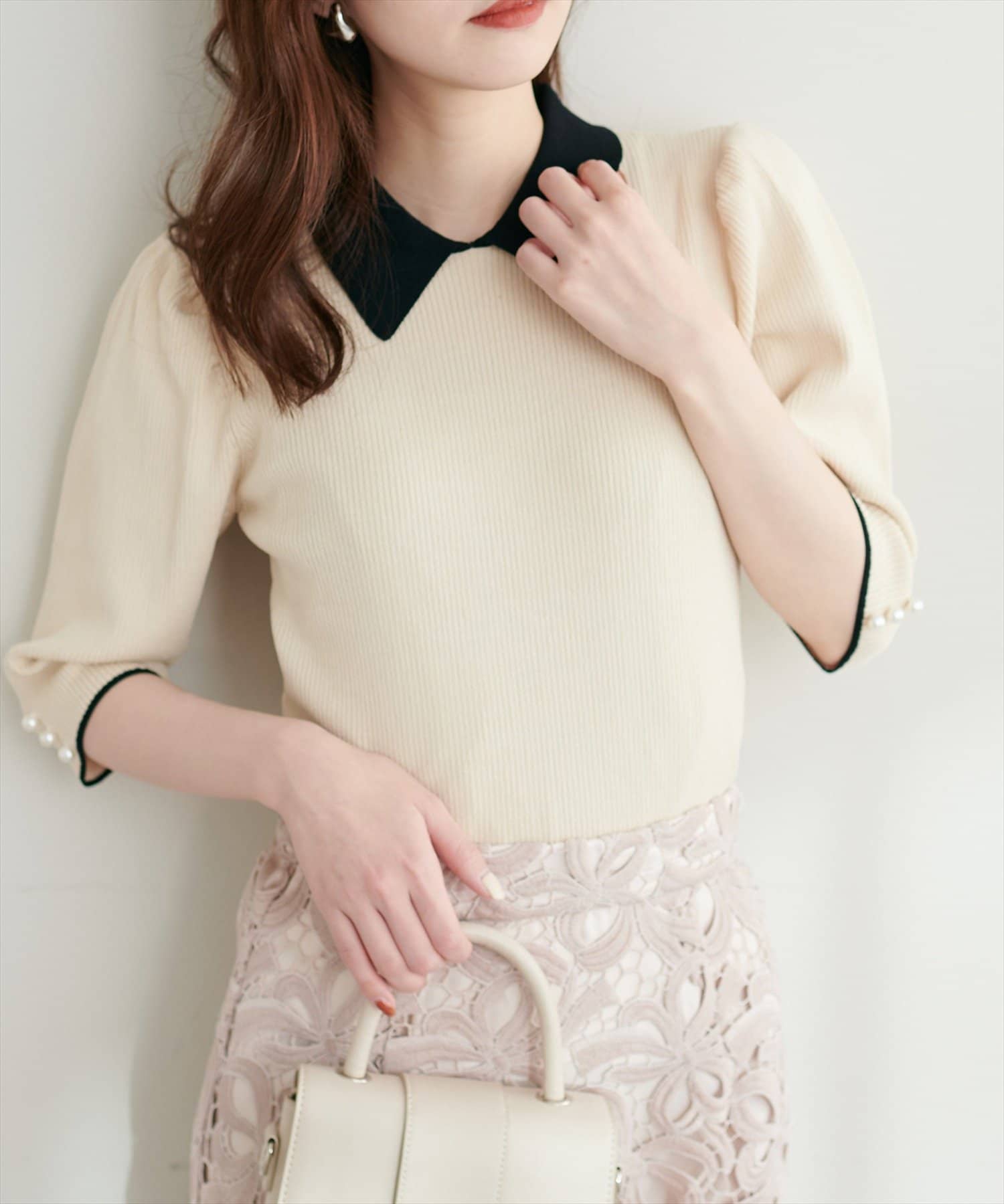 natural couture(ナチュラルクチュール) 【WEB限定】配色衿付き6分袖ニット
