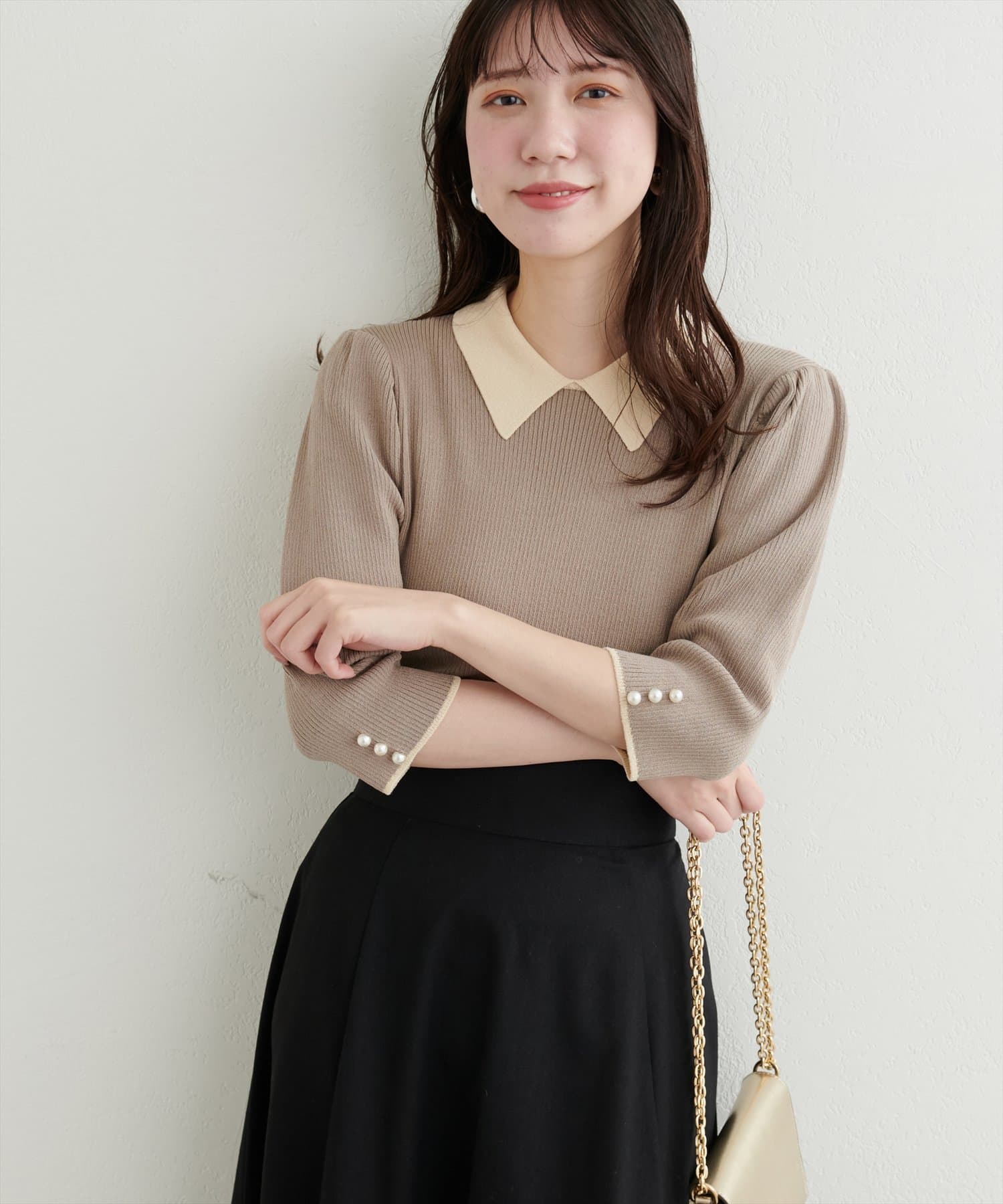 natural couture(ナチュラルクチュール) 【WEB限定】配色衿付き6分袖ニット