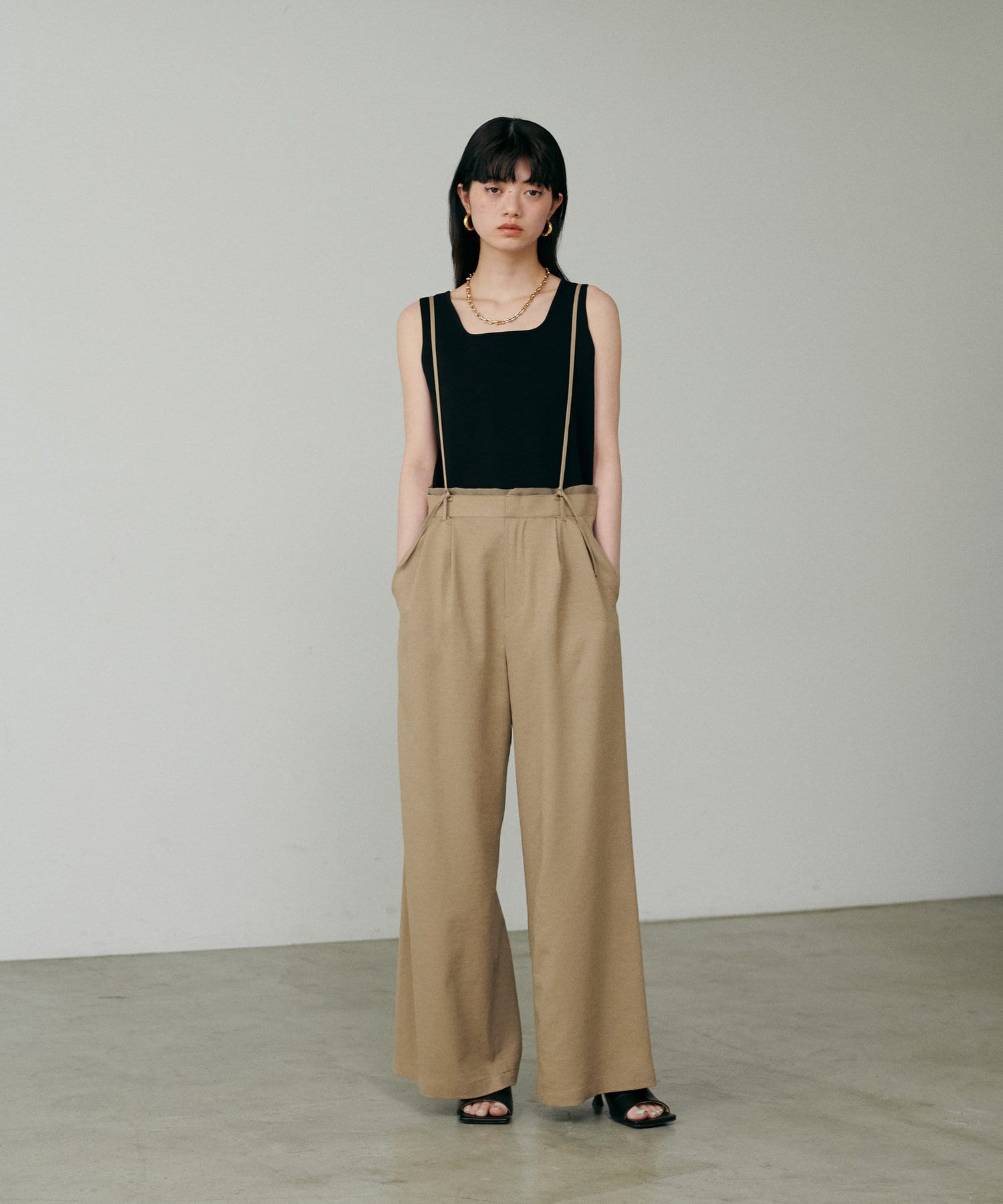 さつまいも 　サスペンダー付きワイド パンツ Fashion Letter サスペンダー付きハイウェストツイルパンツ