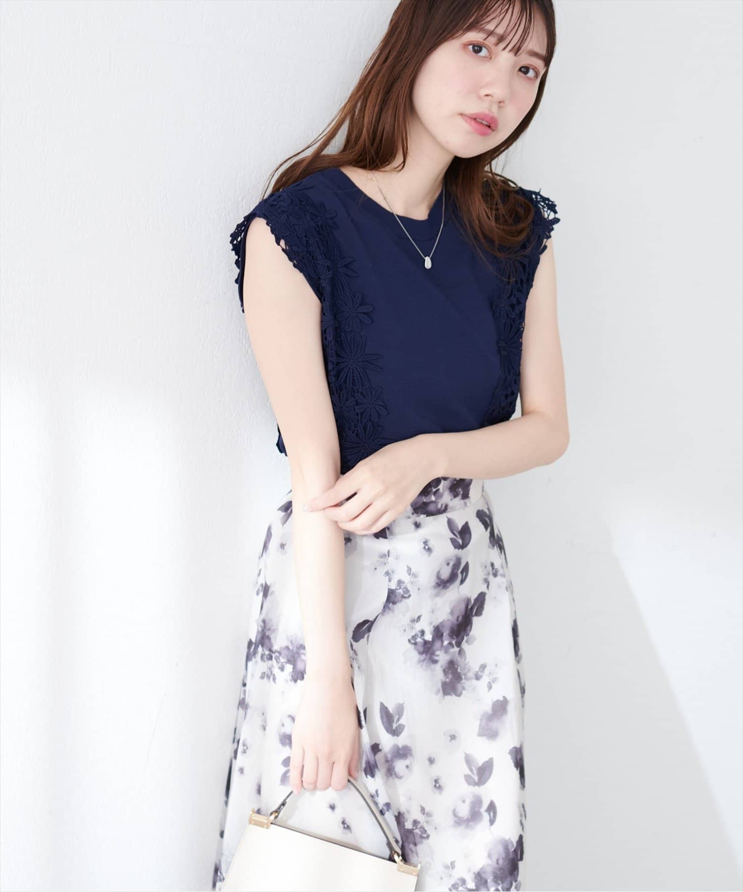natural couture(ナチュラルクチュール) 【canami】レース×ニットコンビノースリTOPS