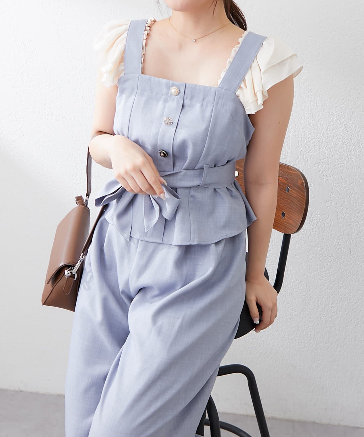 NICE CLAUP / OLIVE des OLIVE OUTLET(ナイスクラップ  / オリーブ デ オリーブ アウトレット) 【２枚セット】【RMAF】麻風素材の色々ぼたんキャミ+パンツセット