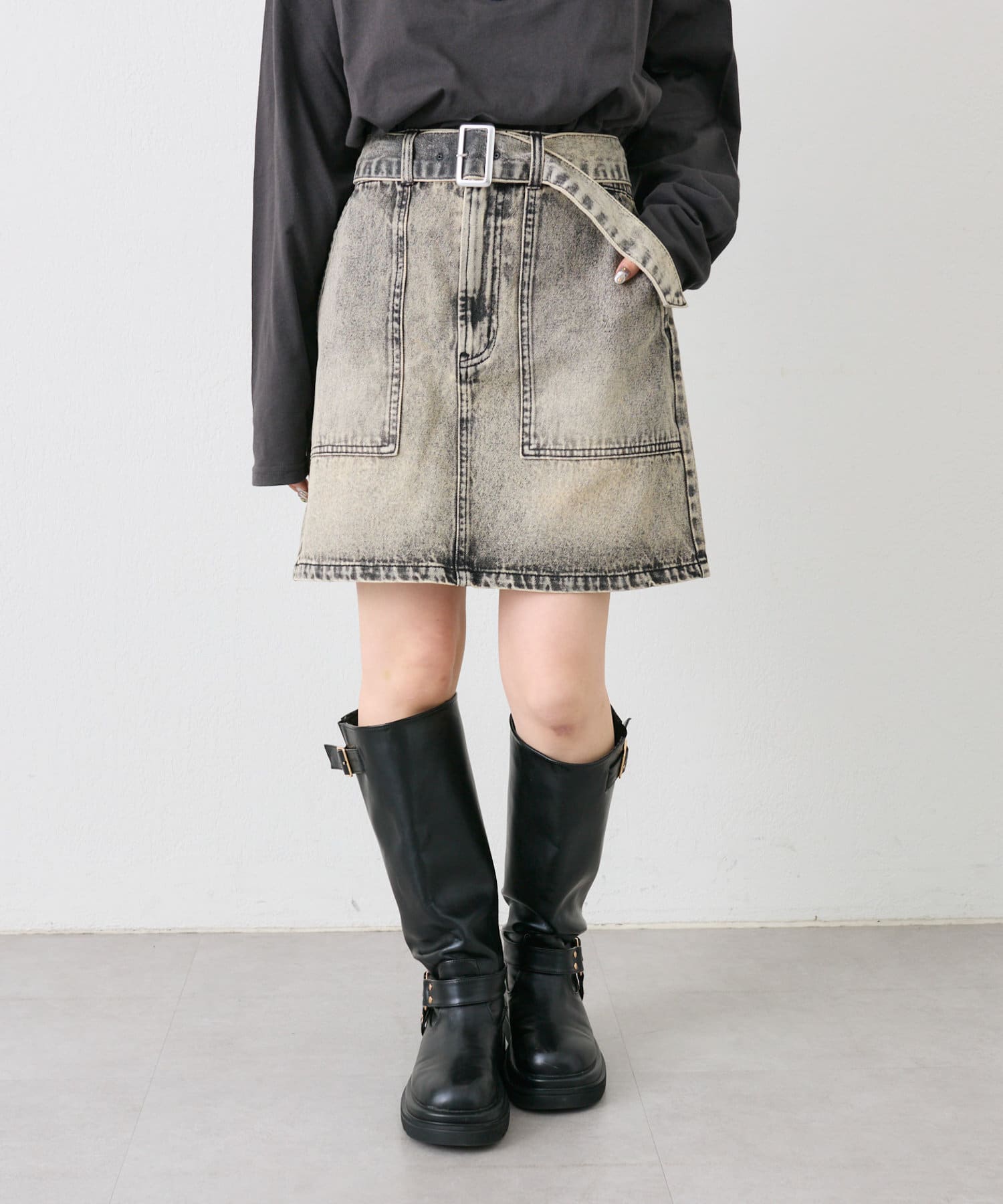 OUTLET(アウトレット) 【w closet】【ベルト付き】デニム台形スカート