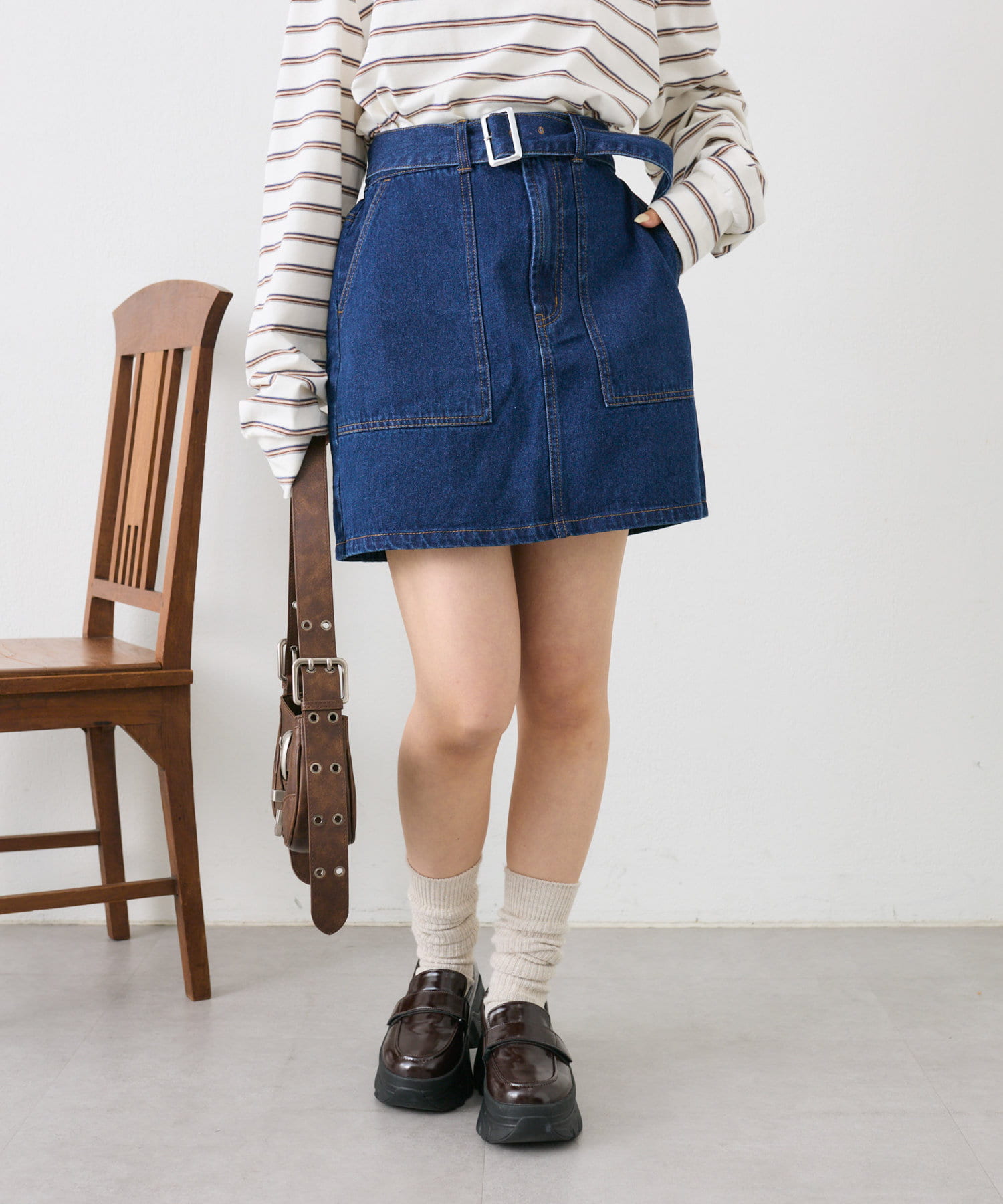 OUTLET(アウトレット) 【w closet】【ベルト付き】デニム台形スカート