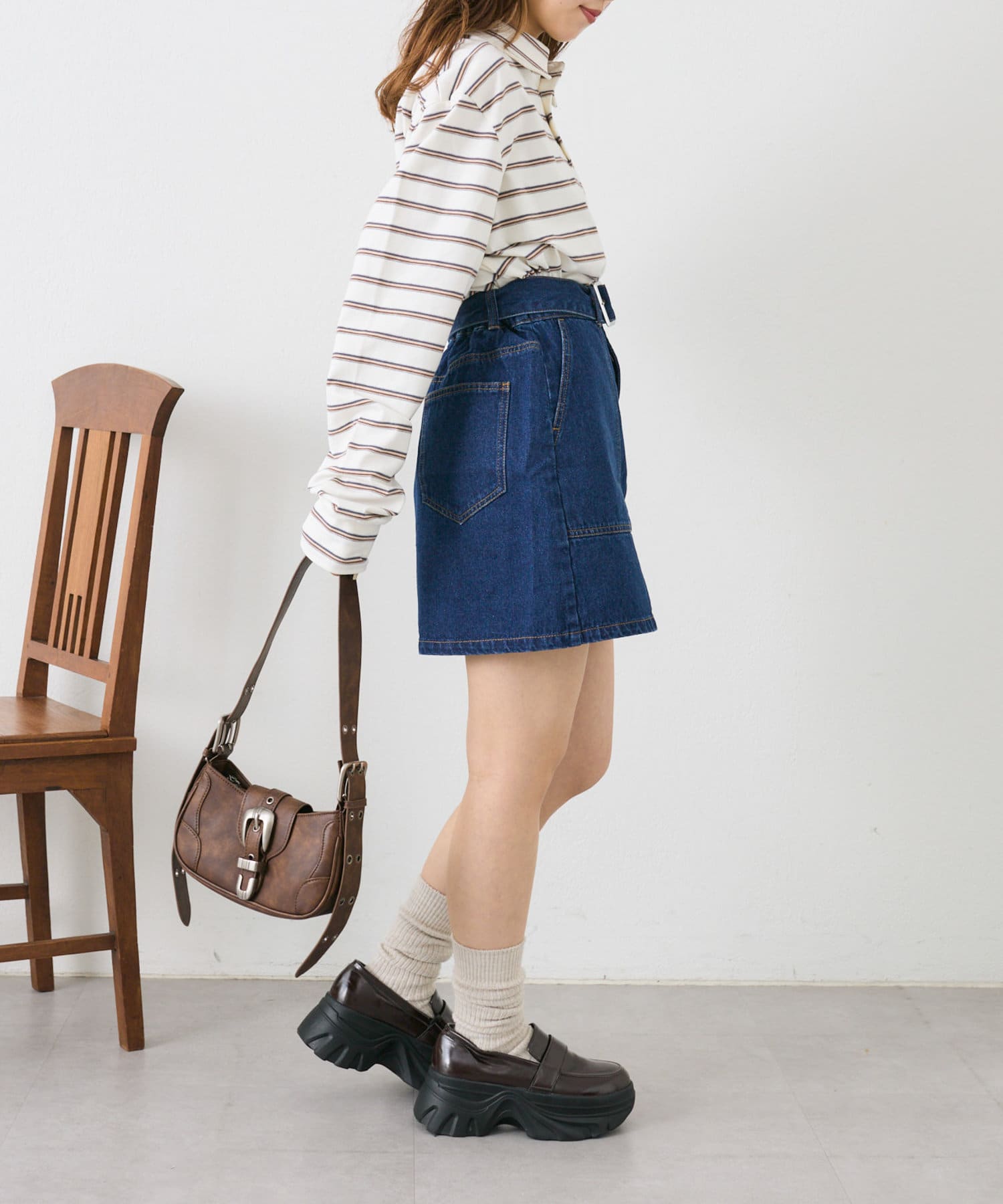 OUTLET(アウトレット) 【w closet】【ベルト付き】デニム台形スカート