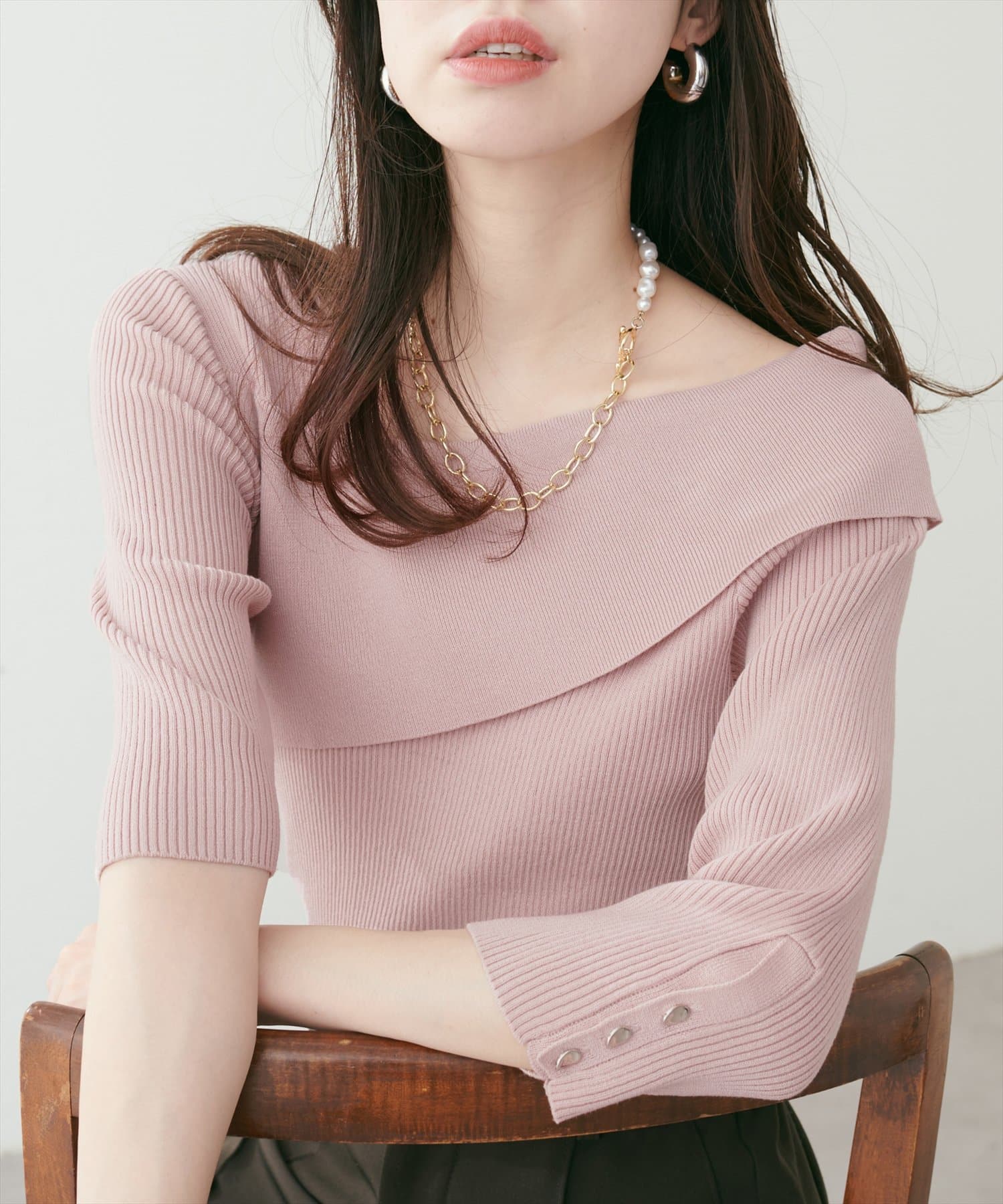 natural couture(ナチュラルクチュール) 【パルクロ限定】アシメオフショルリブニット