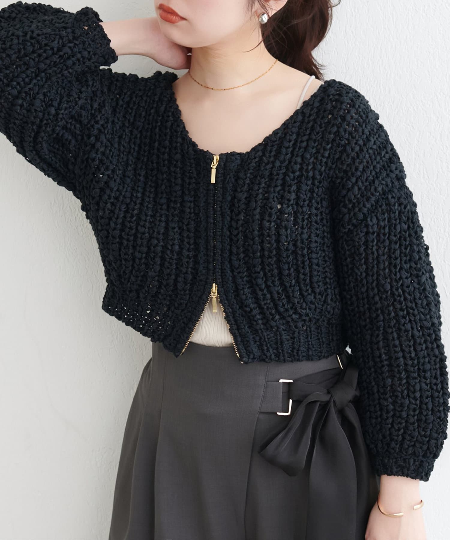 NICE CLAUP / OLIVE des OLIVE OUTLET(ナイスクラップ  / オリーブ デ オリーブ アウトレット) 【natural couture】リボンヤーンショート丈カーデ