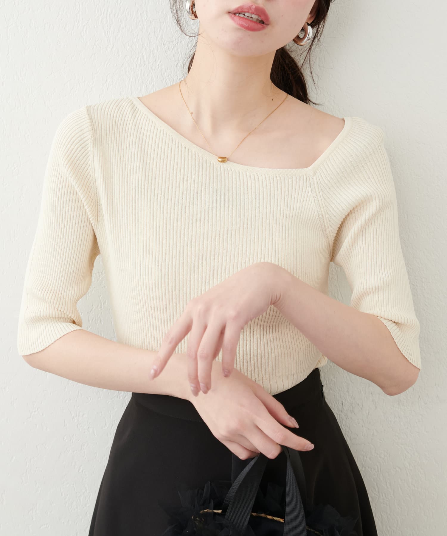 アシメネックリブ半袖ニット | natural couture(ナチュラル