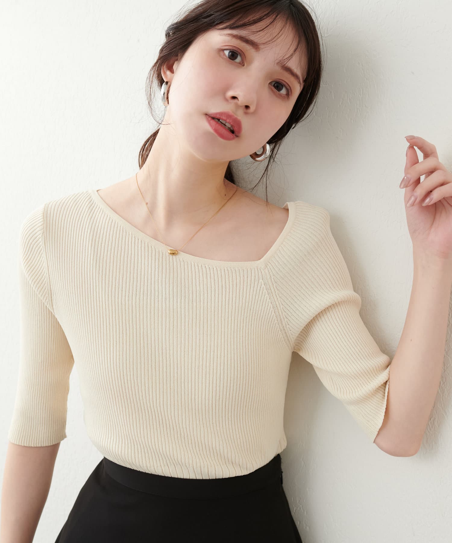 アシメネックリブ半袖ニット | natural couture(ナチュラル