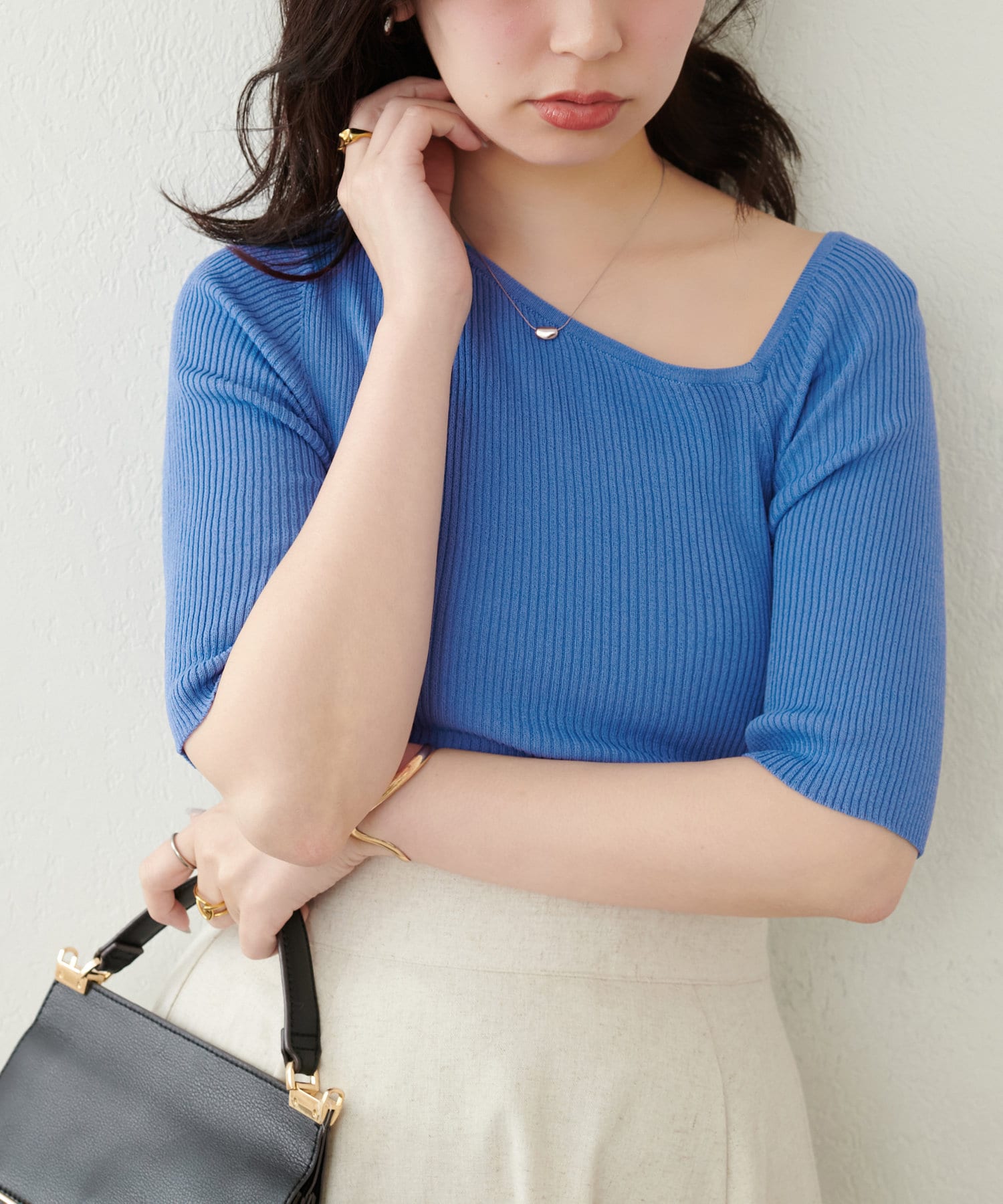 natural couture(ナチュラルクチュール) アシメネックリブ半袖ニット