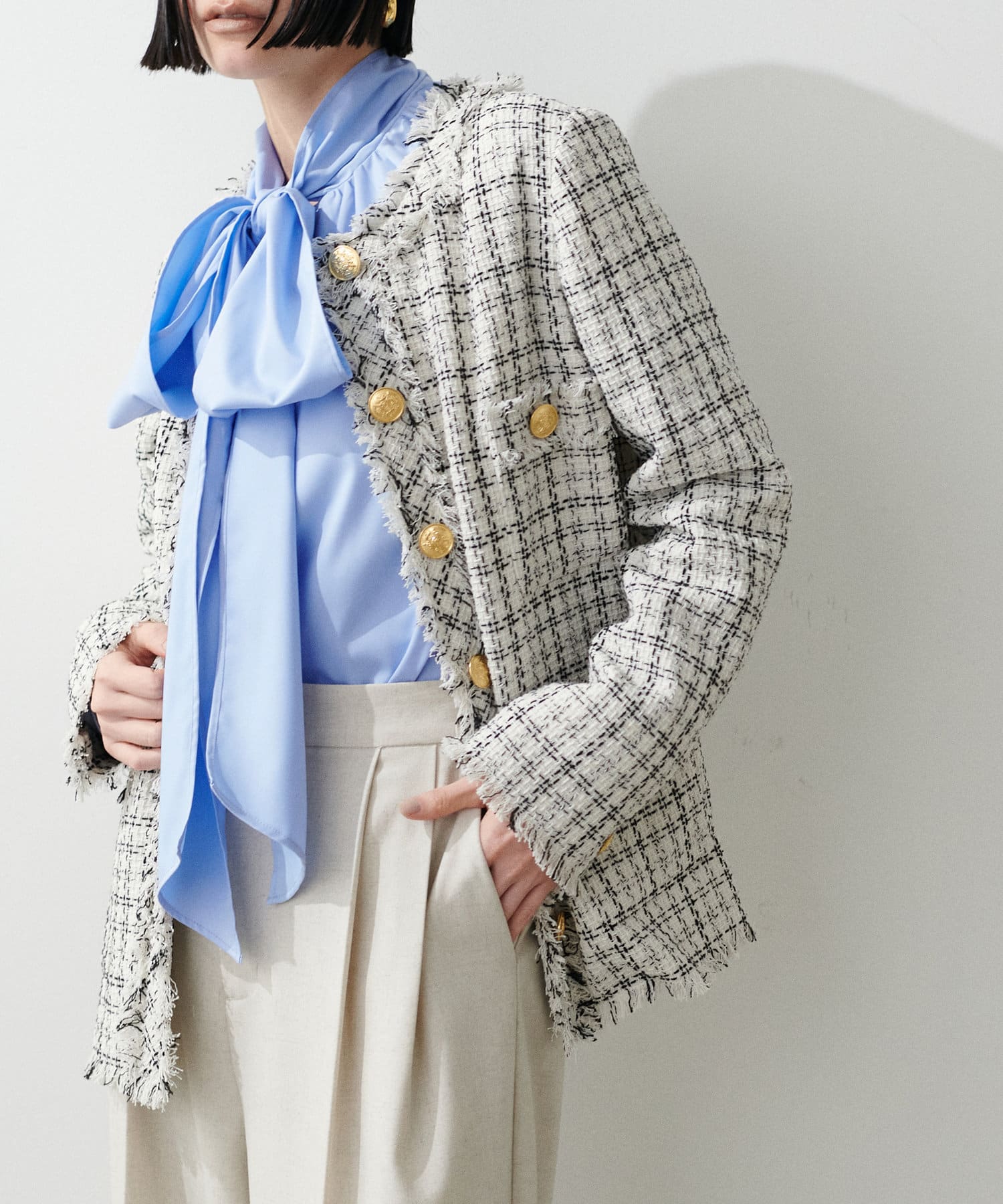 NICE CLAUP / OLIVE des OLIVE OUTLET(ナイスクラップ  / オリーブ デ オリーブ アウトレット) 【LARUTA】ノーカラーフリンジツイードジャケット