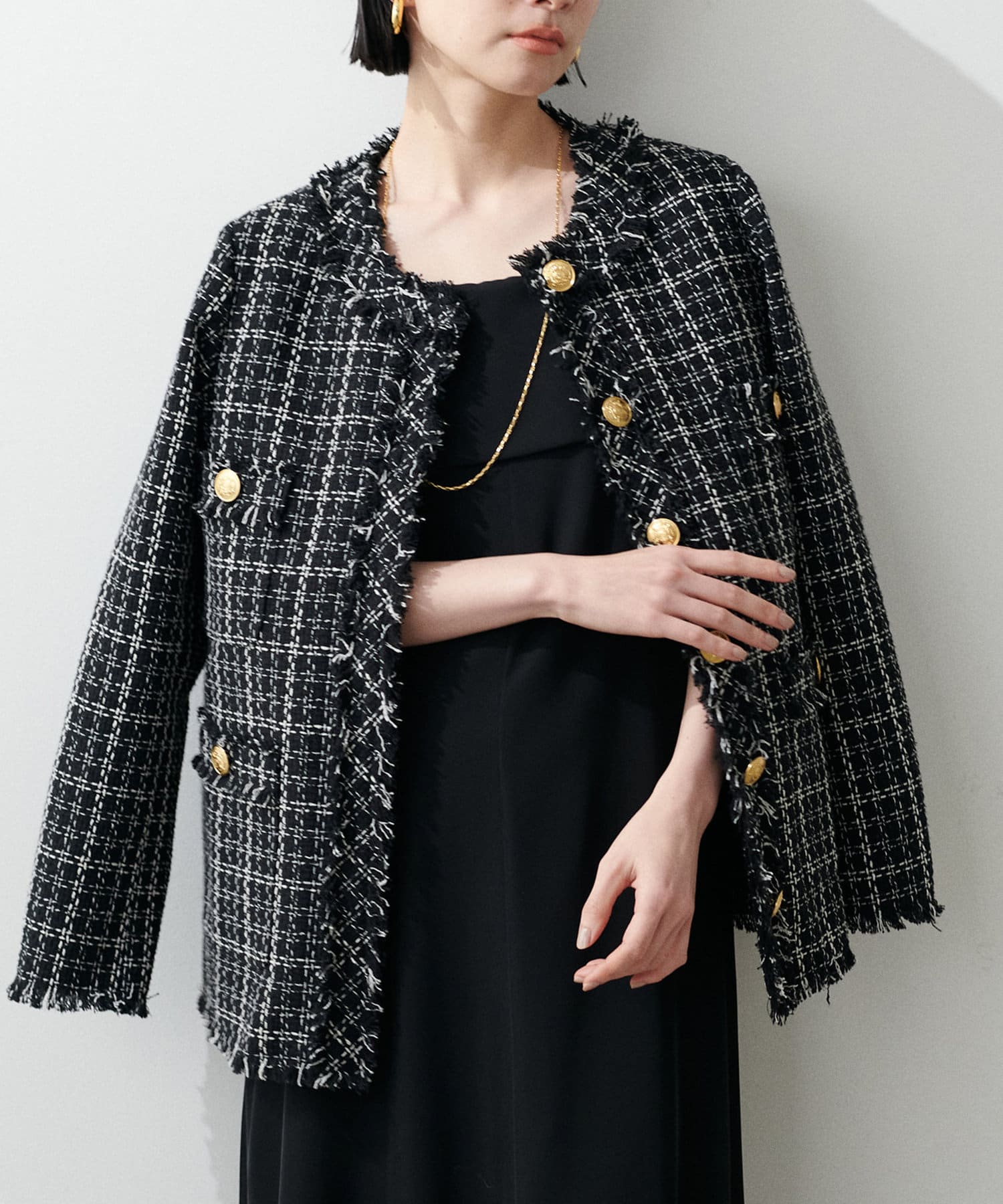 NICE CLAUP / OLIVE des OLIVE OUTLET(ナイスクラップ  / オリーブ デ オリーブ アウトレット) 【LARUTA】ノーカラーフリンジツイードジャケット