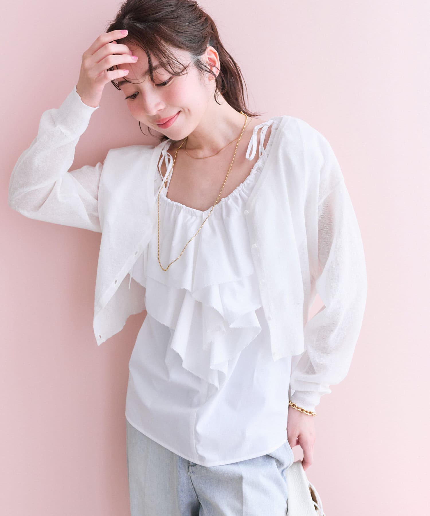 La boutique BonBon(ラブティックボンボン) 【着回し力抜群】リネン混クロップドカーディガン