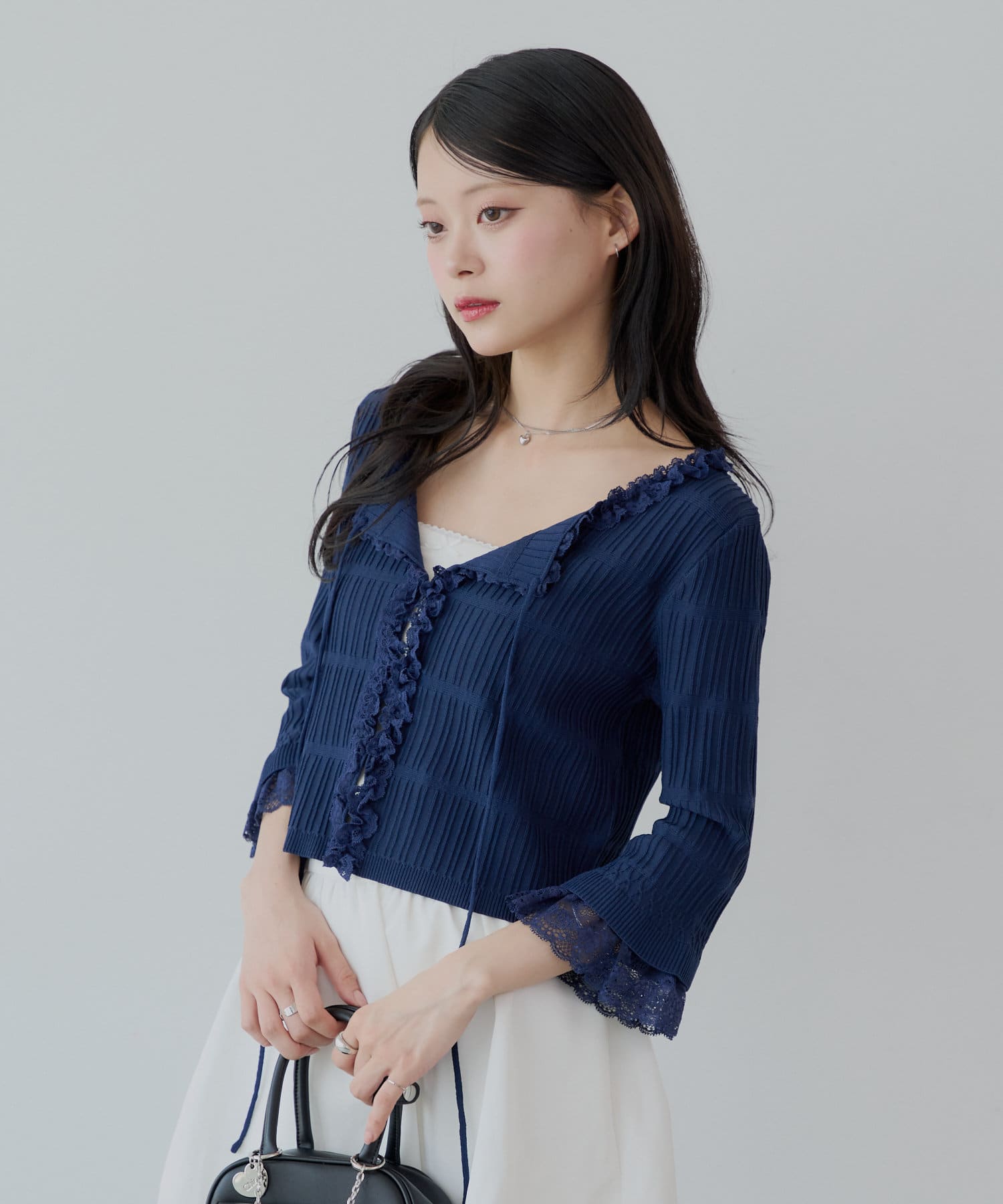 new arrival】 7分袖レースドッキングリブニットカーディガン