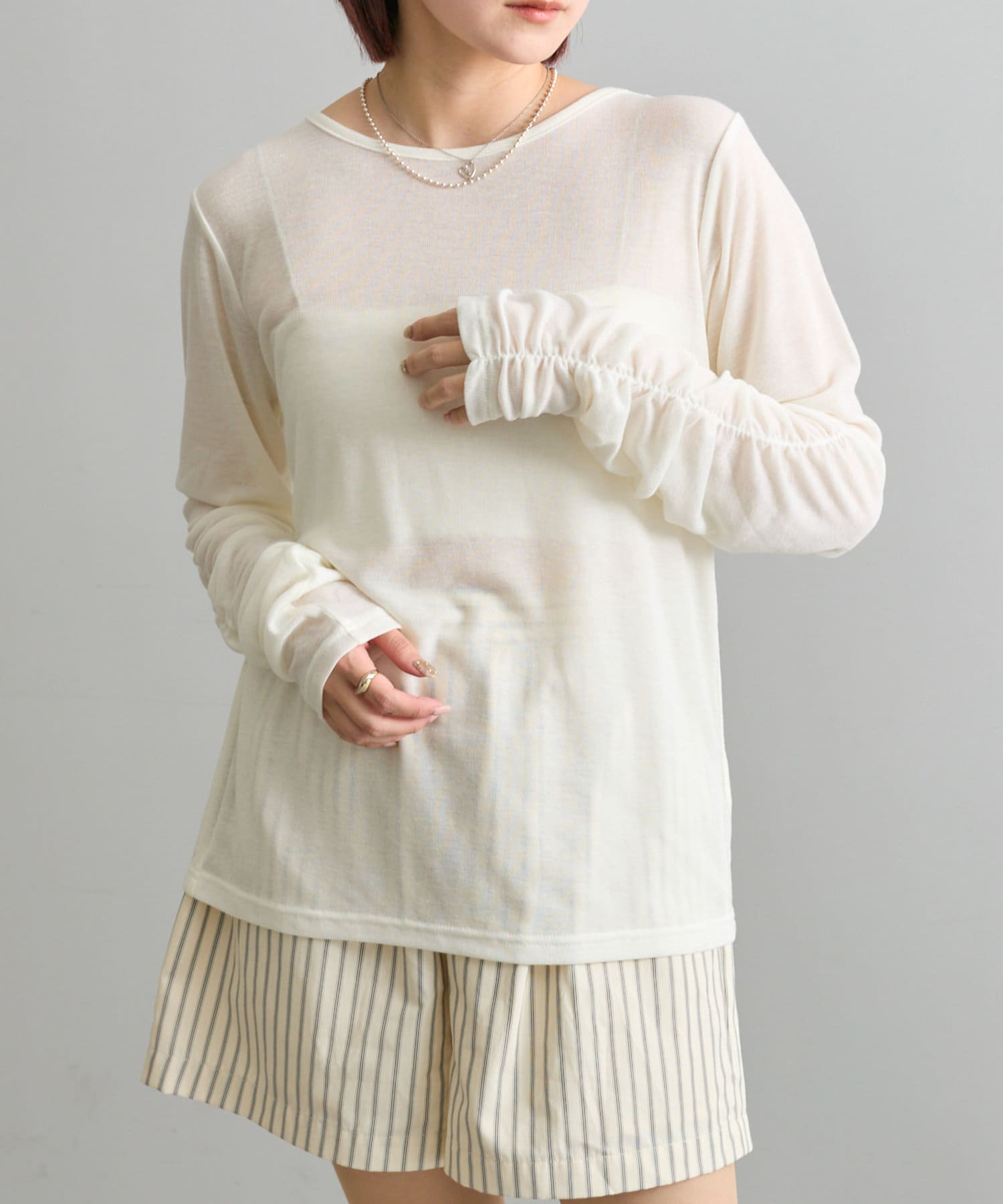 OUTLET(アウトレット) 【mystic】袖ギャザーシアーカットソー