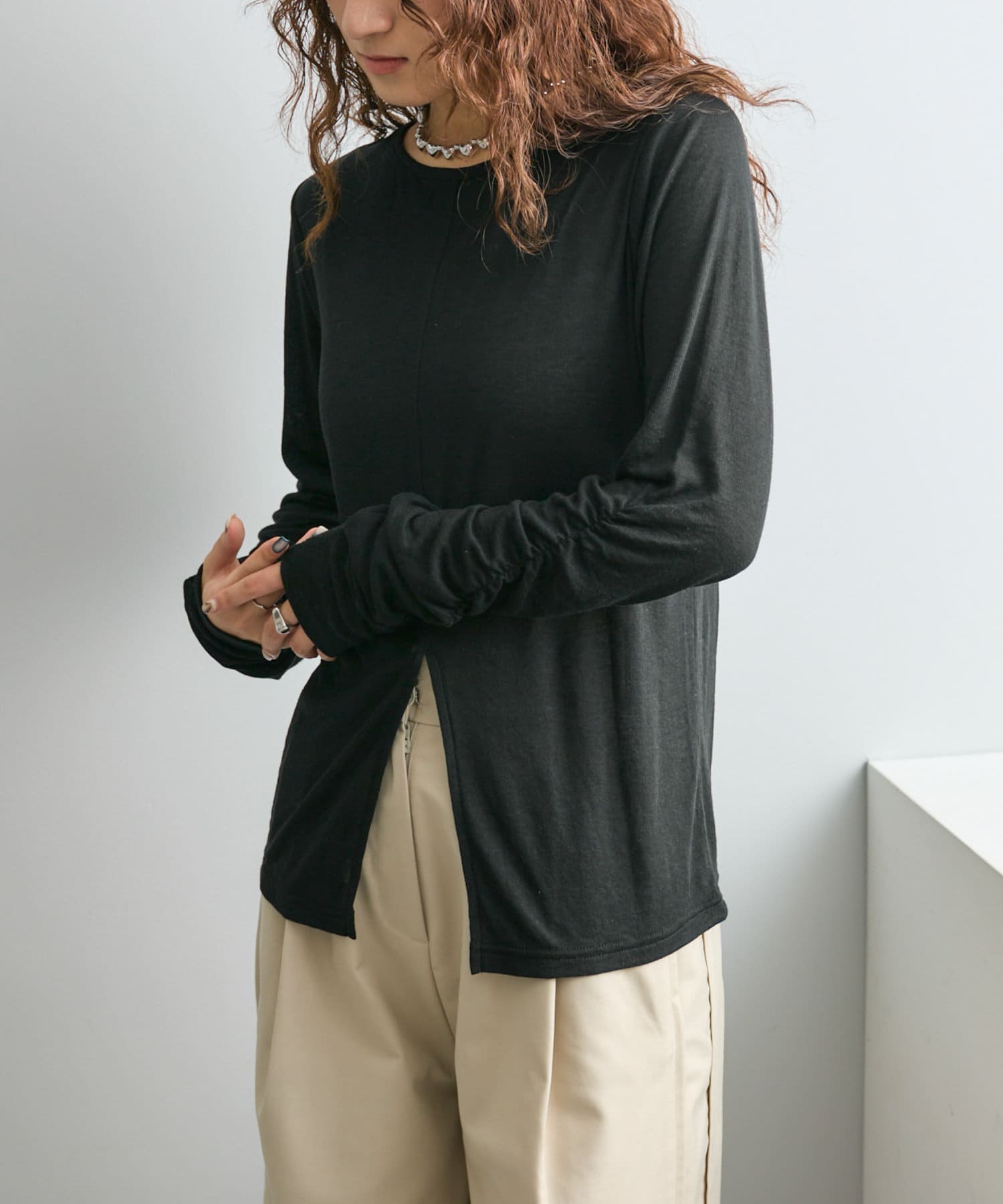 OUTLET(アウトレット) 【mystic】袖ギャザーシアーカットソー