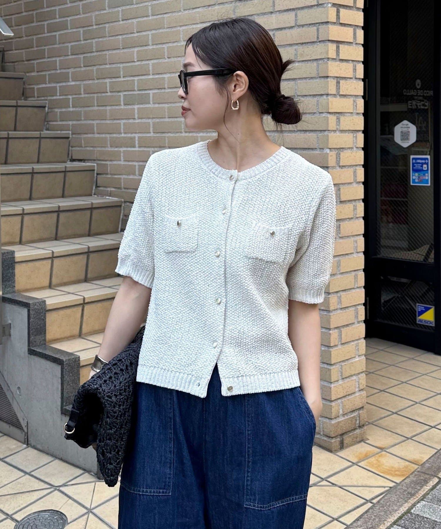 ◇fredy emue◇【2025 SS】コンパクト目のシルエットが今っぽいテープヤーン半袖ニットジャケット●point・ふわっとした肌触りが魅力のテープヤーン半袖ジャケットです・シンプルなコンパクト