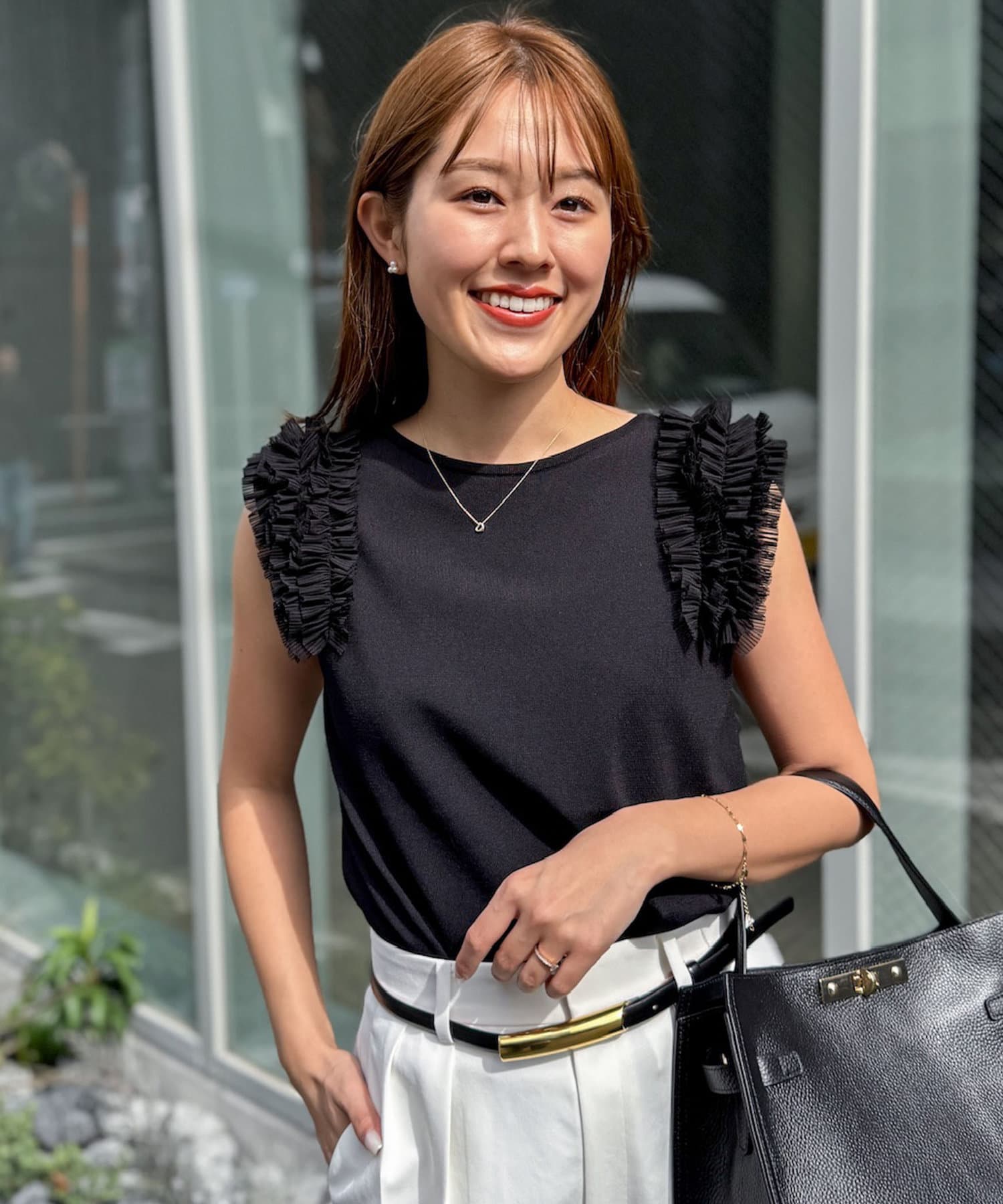 NOLLEY'S(ノーリーズ) 【PR阿部☆別注】《手洗い可能》肩フリルノースリーブプルオーバーニット