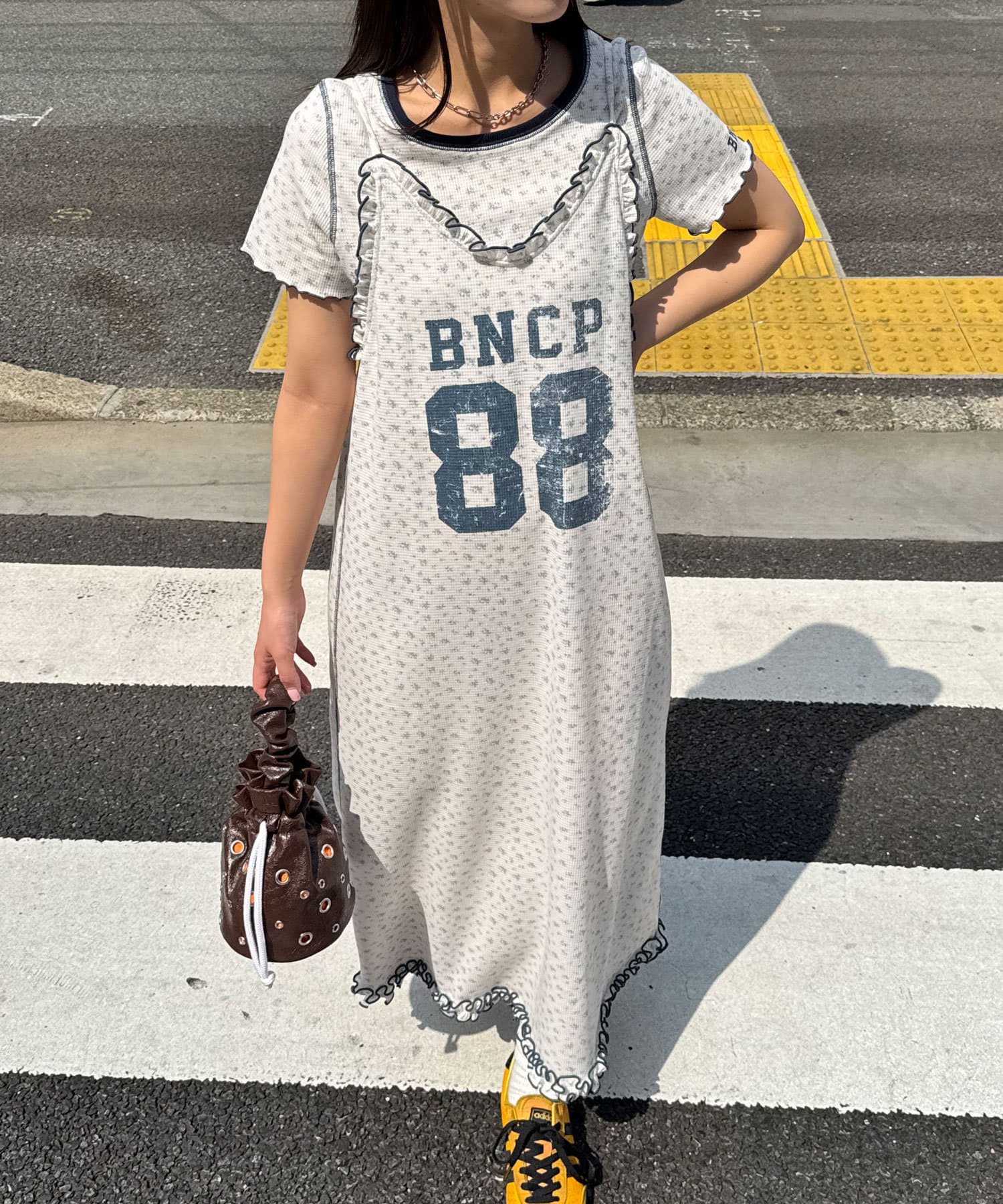 CIAOPANIC(チャオパニック) Tee付きフラワーワッフルロングキャミワンピース