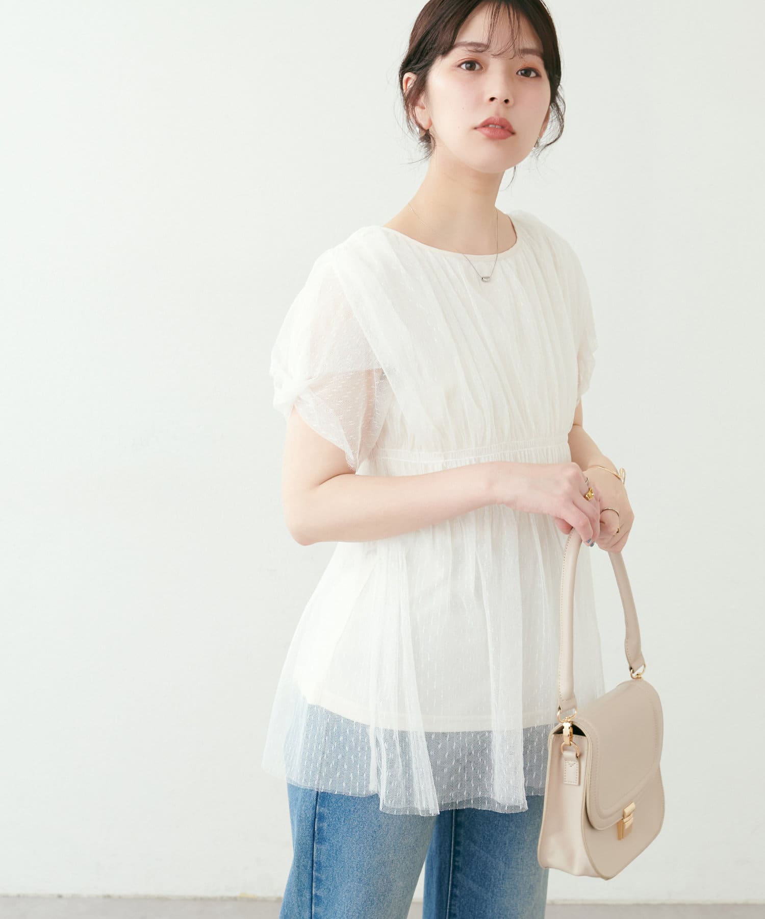 ビアズリー BEARDSLEY 切り替えギャザーチュニック （white