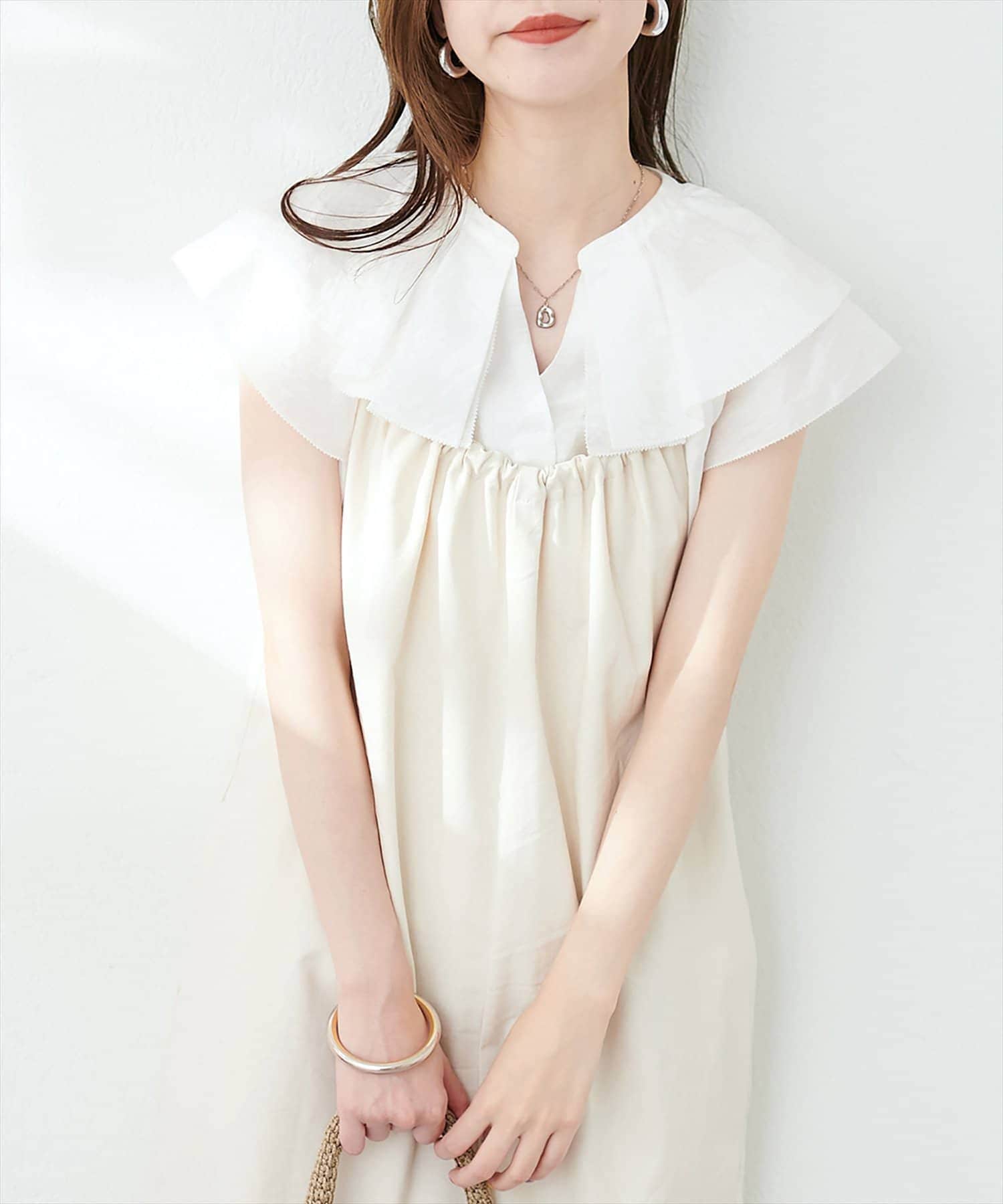 natural couture(ナチュラルクチュール) タックフリル衿スキッパーあきブラウス
