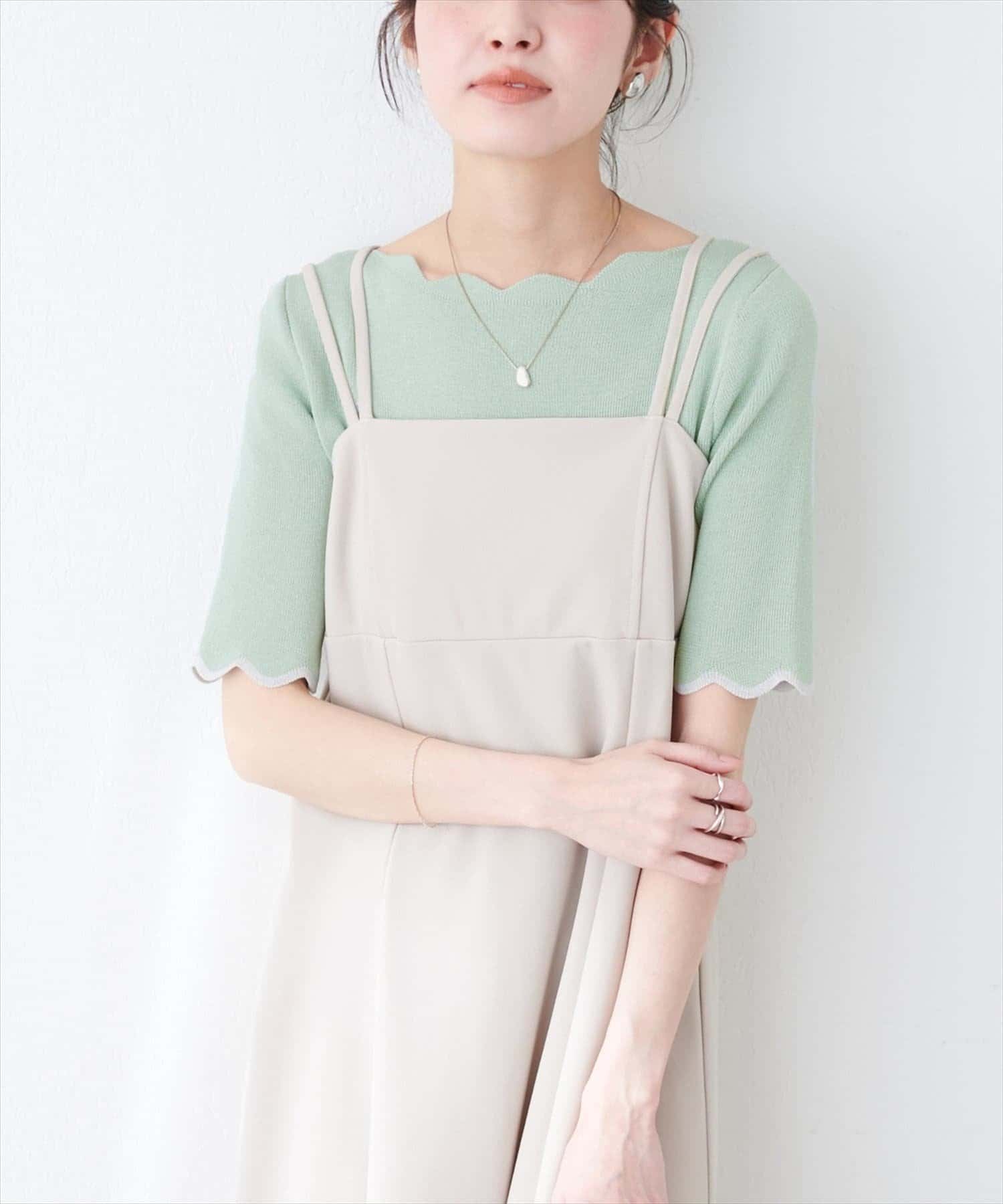 natural couture(ナチュラルクチュール) 袖口配色スカラップ強撚ニット（５分袖）