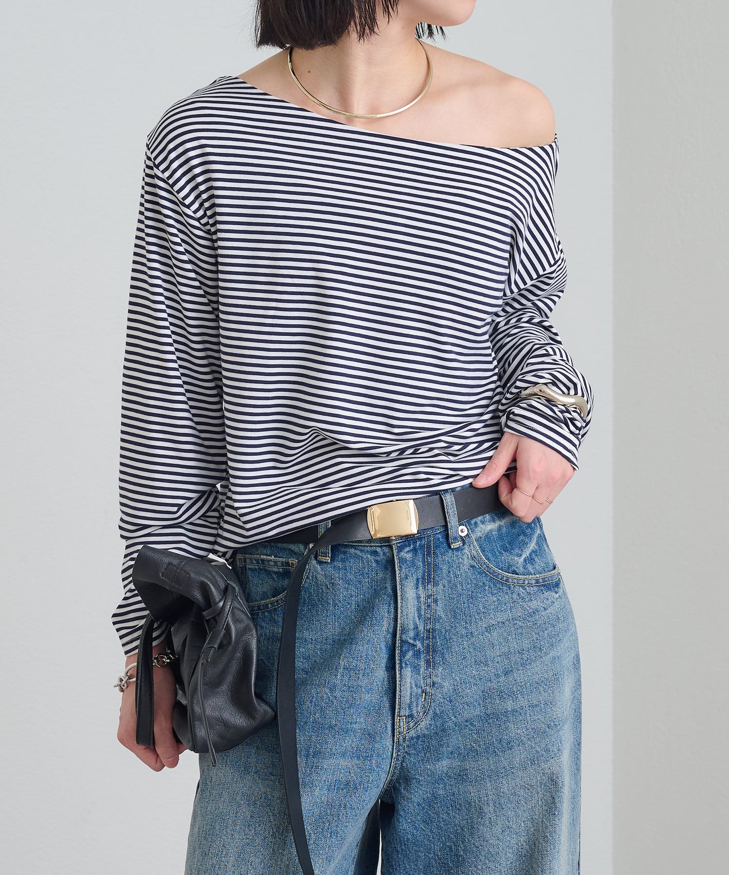 OUTLET(アウトレット) 【Omekashi】スムース/ボーダーオフショルロンT