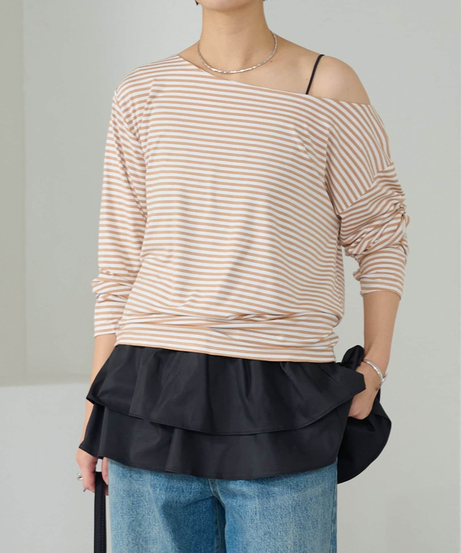 OUTLET(アウトレット) 【Omekashi】スムース/ボーダーオフショルロンT