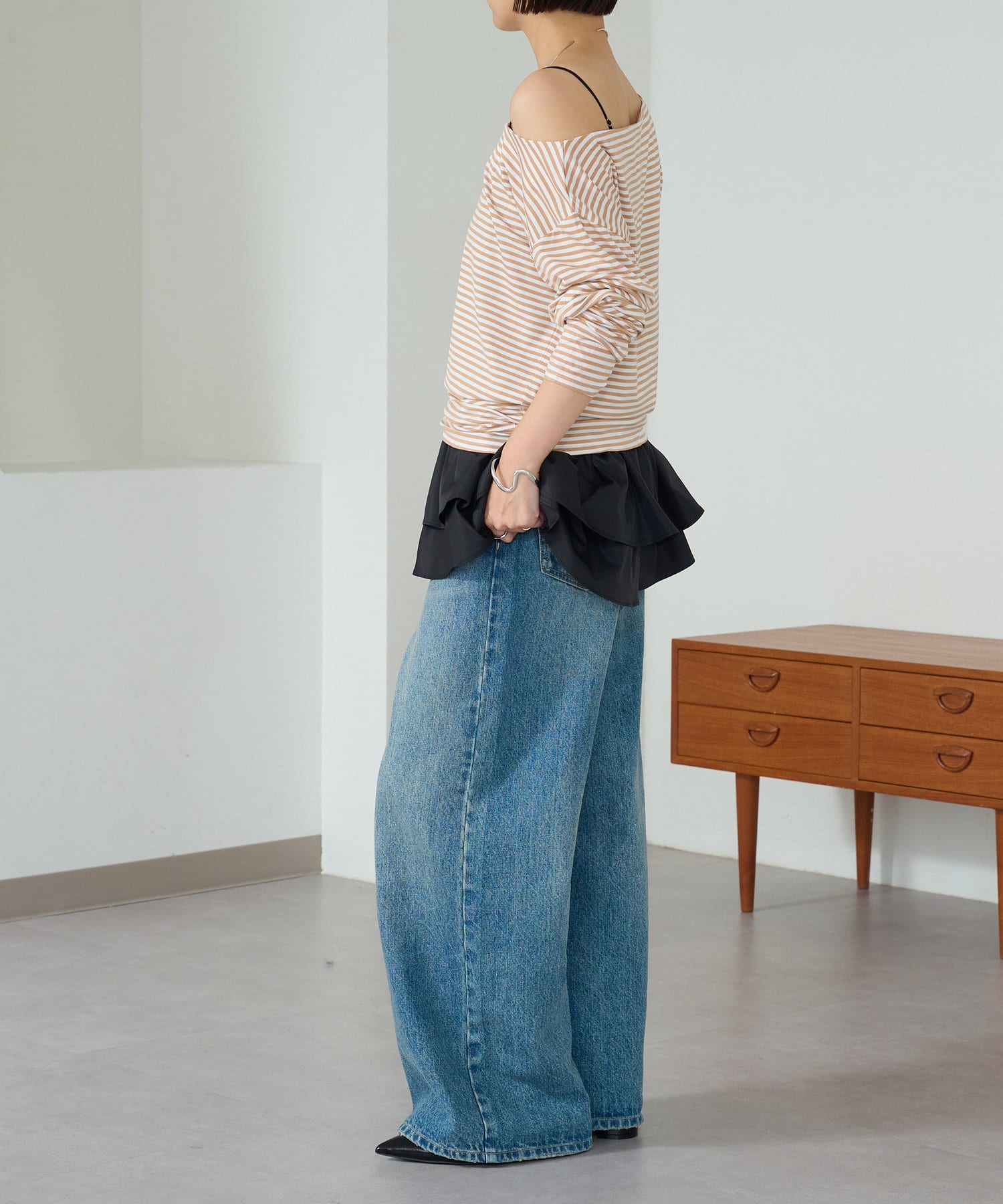 OUTLET(アウトレット) 【Omekashi】スムース/ボーダーオフショルロンT