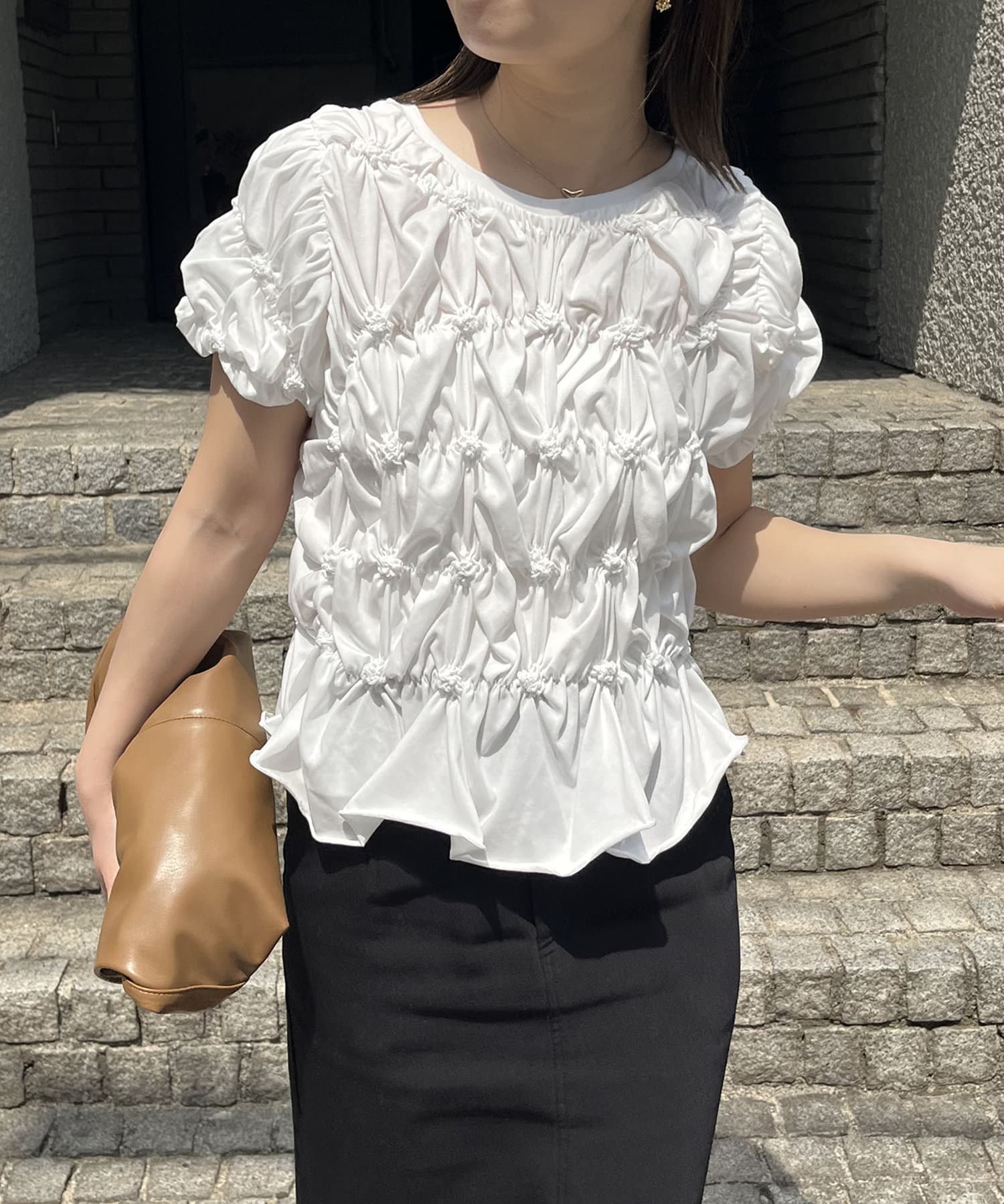 【ネット完売品】 アシメギャザーTシャツ カプリシュレマージュ CAPRICIEUX LE'MAGE（カプリシューレマージュ）の「アシメ