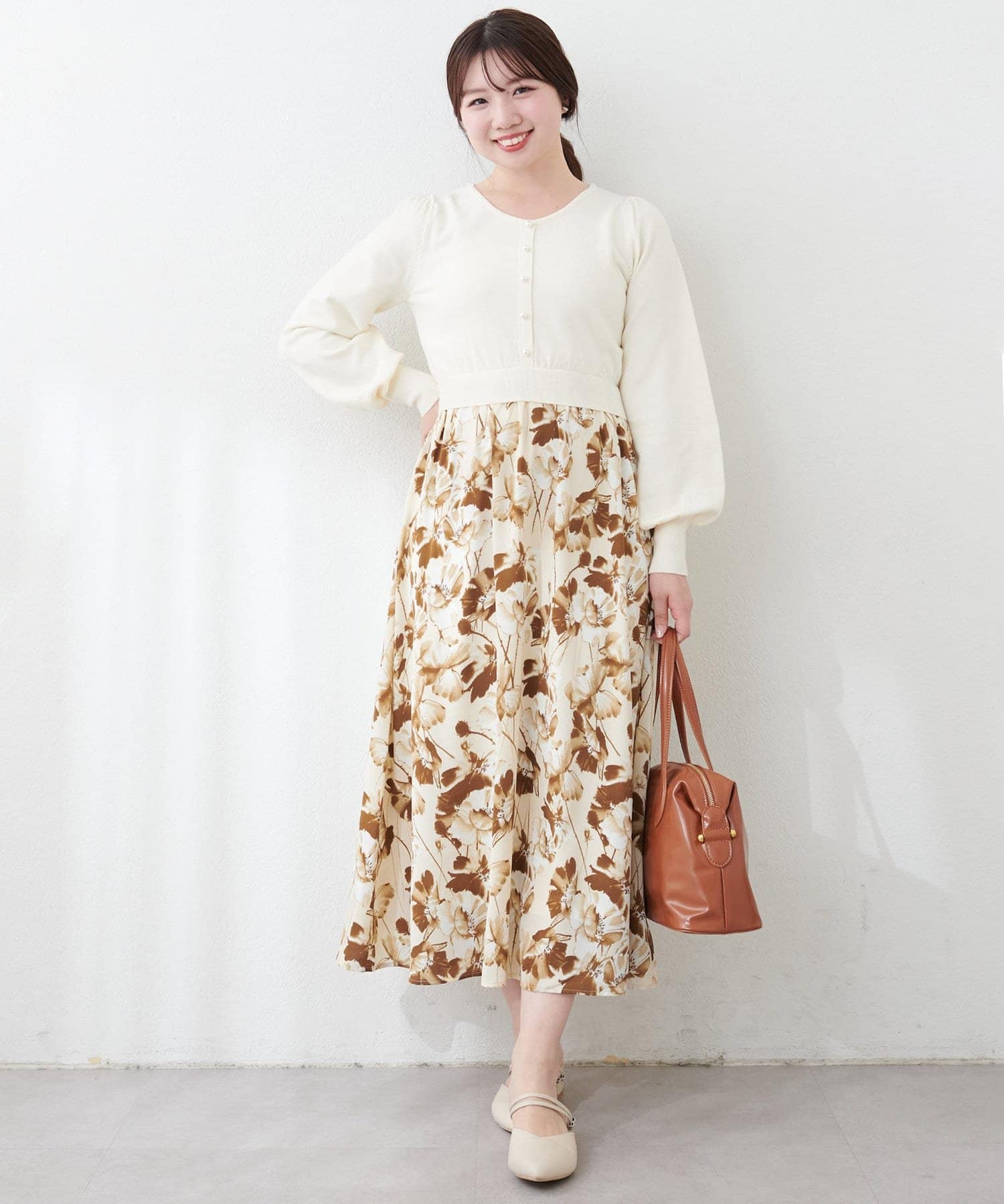 NICE CLAUP / OLIVE des OLIVE OUTLET(ナイスクラップ  / オリーブ デ オリーブ アウトレット) 【natural couture】前後2way花柄ドッキングニットワンピース